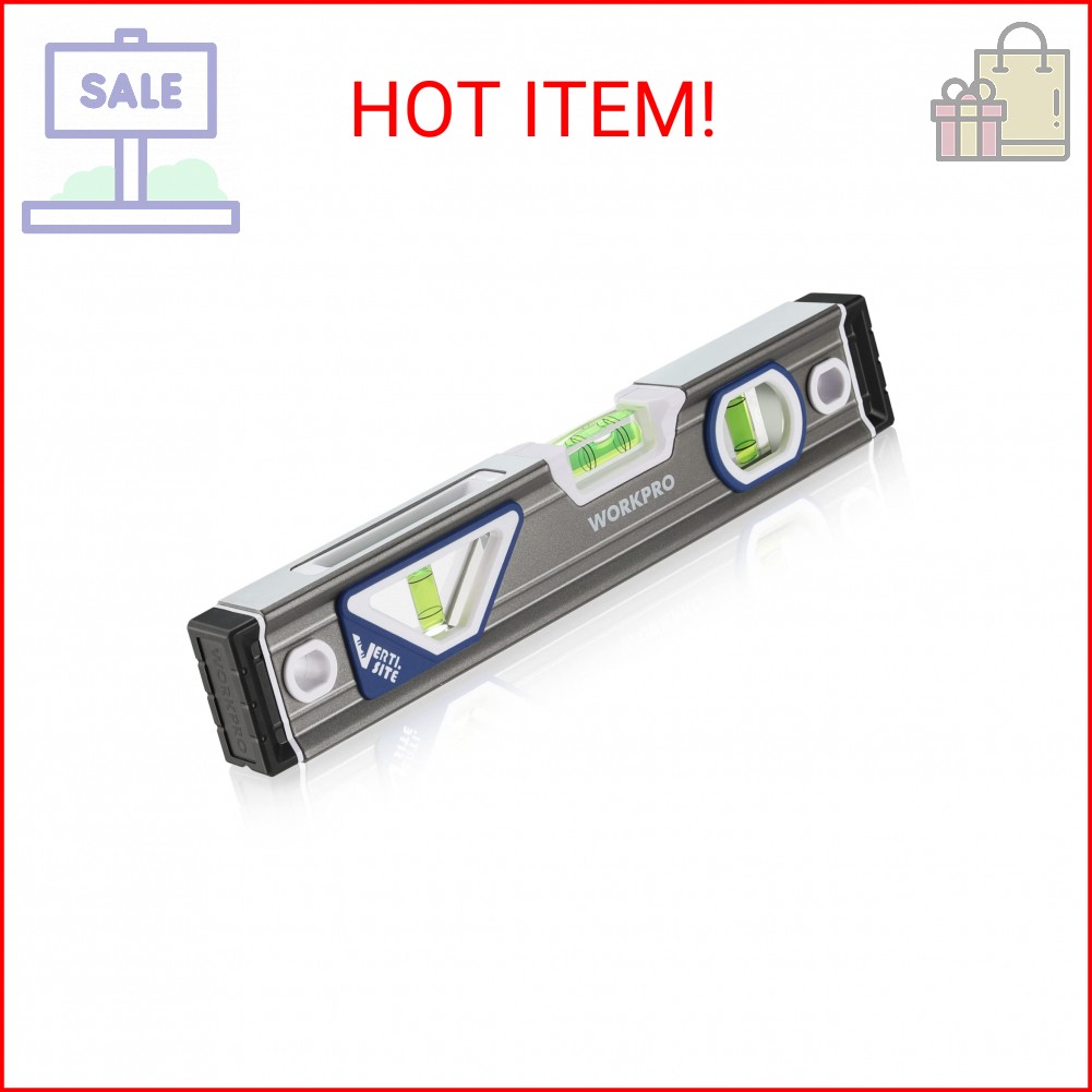 WORKPRO 10 Inch Torpedo Level, Small Leveler Tool, 3 Bubble Vials, Verti. Site,