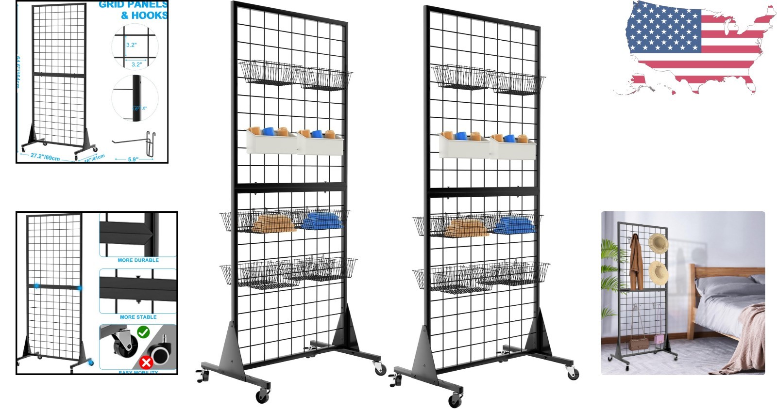 Portable 2-Pack Grid Wall Stands with 50 lbs Capacity - Perfect for Retail Use