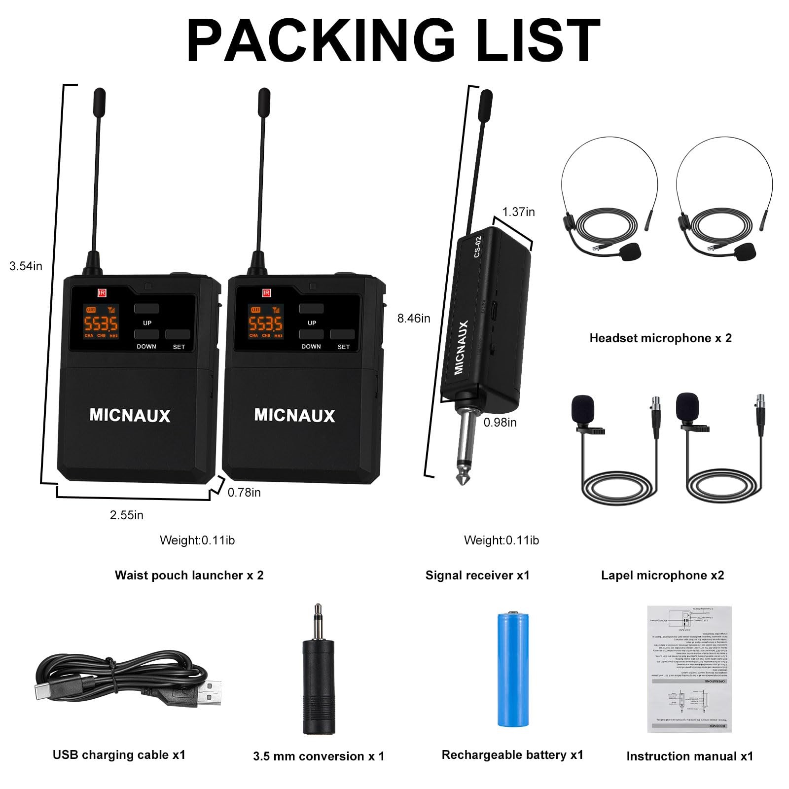 Wireless Lapel Microphone System with Headset & Lavalier Mics, Dual Bodypack ...