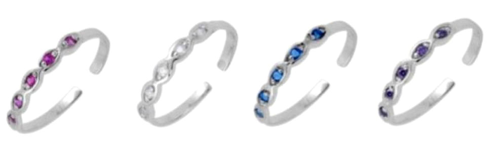 Silver Adjustable Infinity Toe Ring Sterling Silver 925 Assorted Color CZ 2 mm