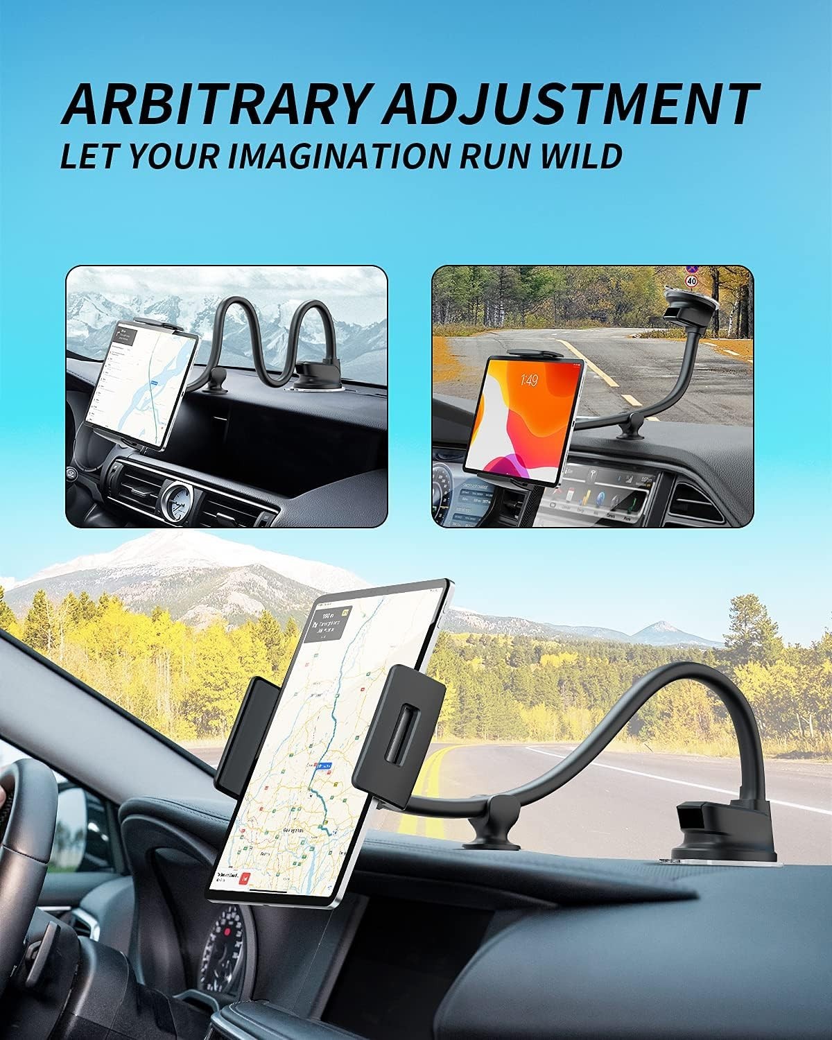 Flexible Gooseneck Tablet Mount for Car SUV Windshield Dashboard Black