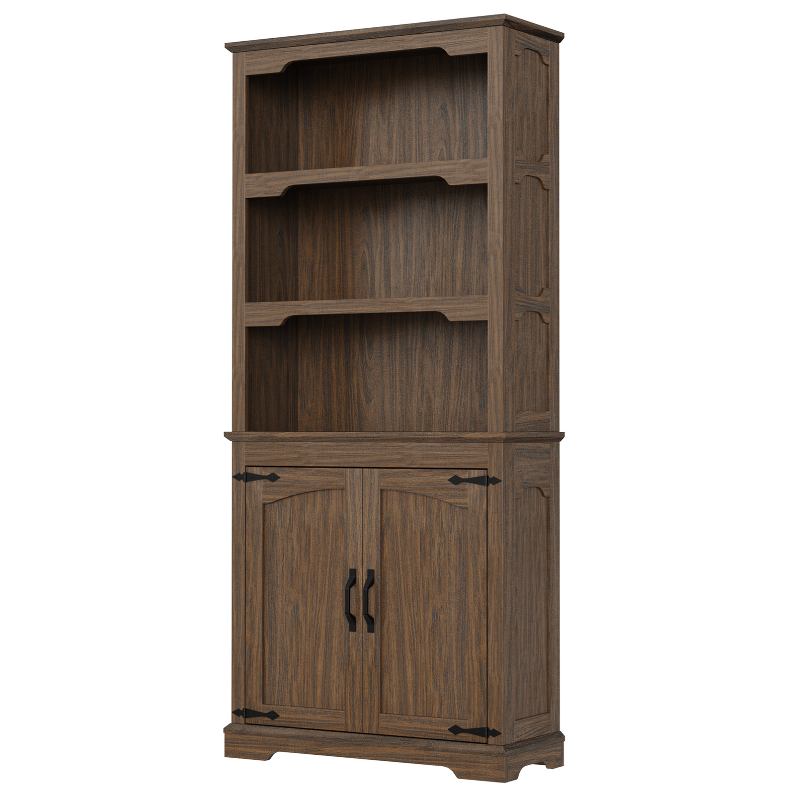 70"In OAK Farmhouse Bookcases w/Doors Wooden Tall Book shelf Anti-Tip Cabinet