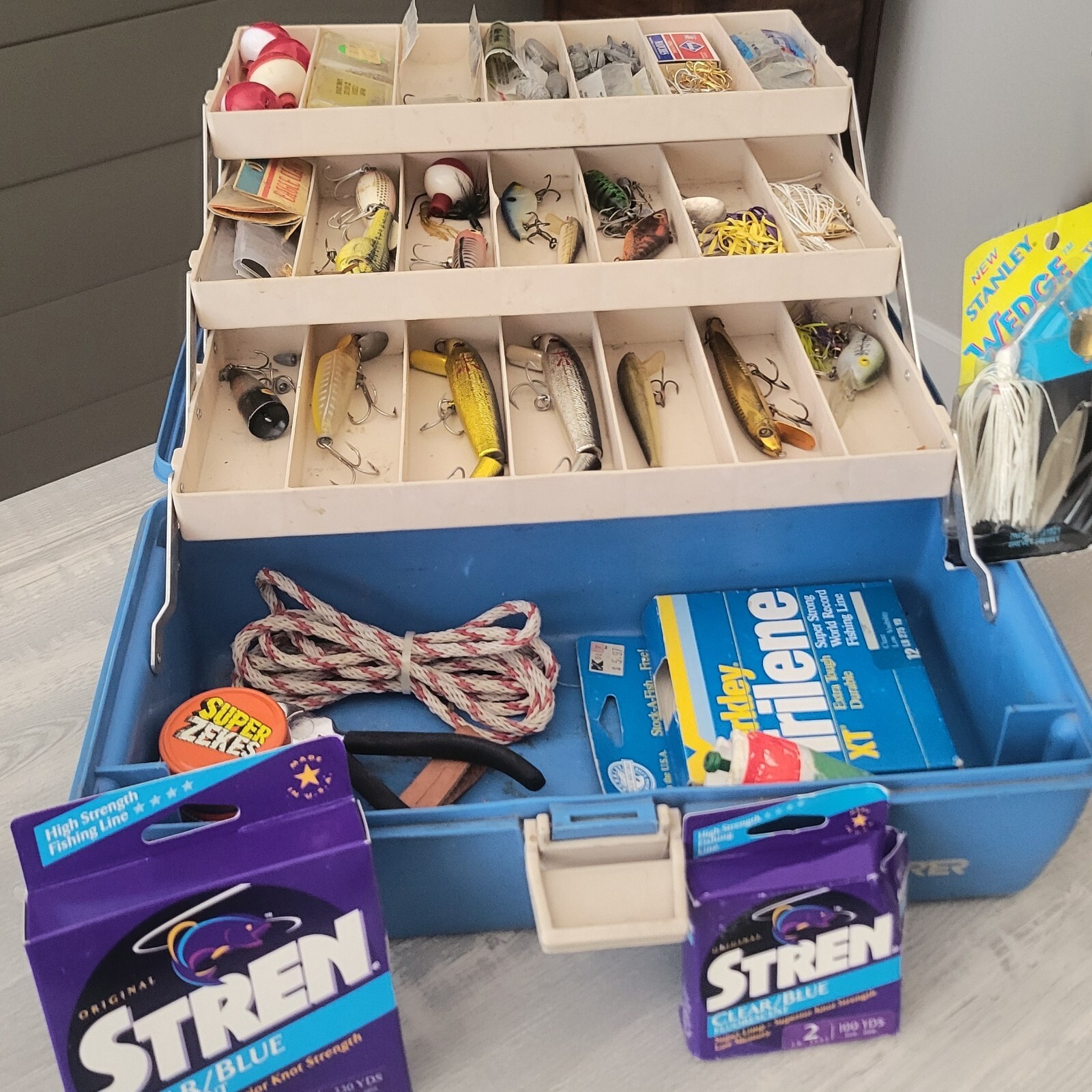Vintage Adventurer Tackle Box Blue w/ Lots of Lures, Hooks, Fishing Line Misc