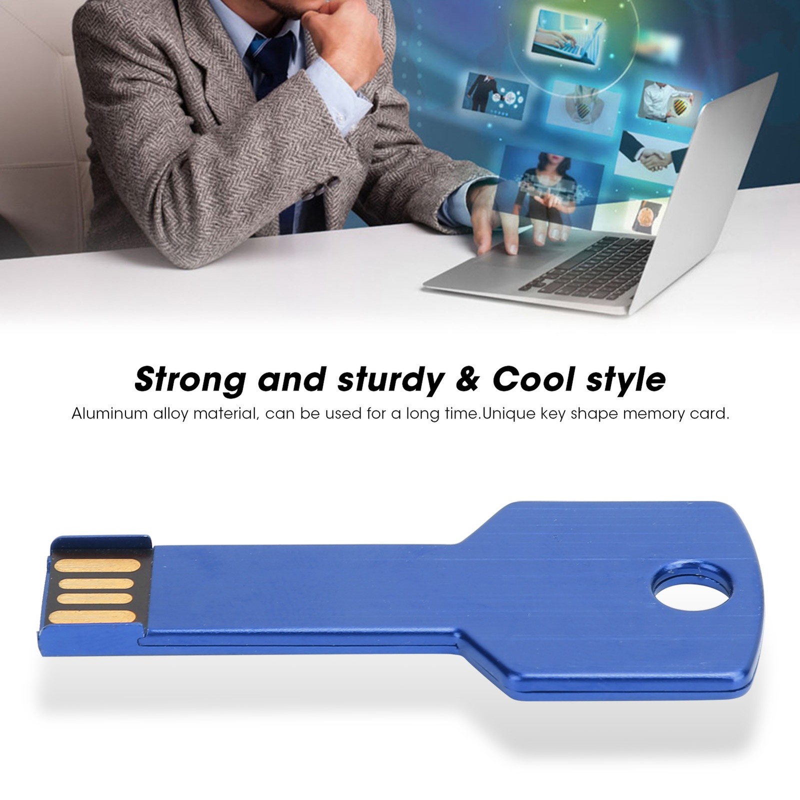 Blue USB Flash Drive Key Shape USB Memory Disc Plug And Play U Disc For Com QBUU
