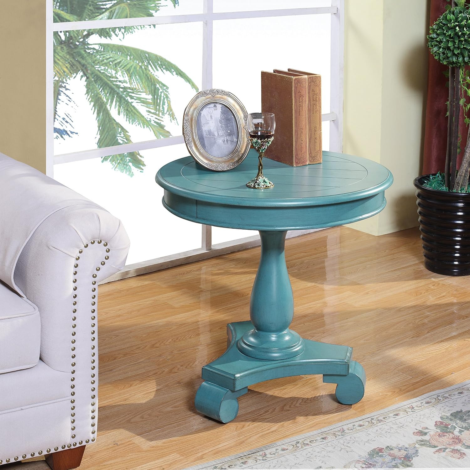 Rene round Wood Pedestal Side Table, Teal, 26D X 26W X 26.5H In