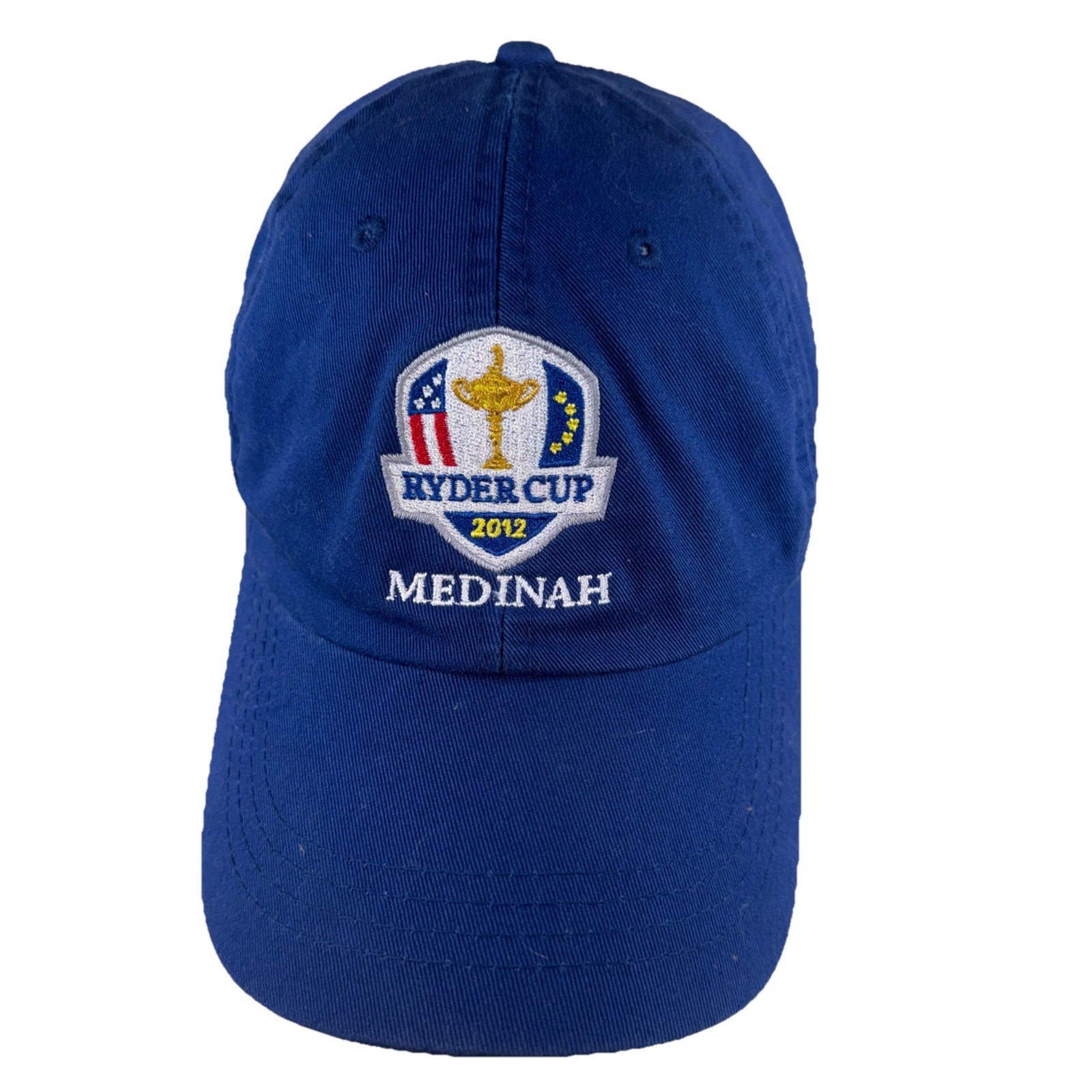 Ryder Cup 2012 MENDINAH Shield Patch Hat Cap Royal Blue w Gold RWB Hook Loop
