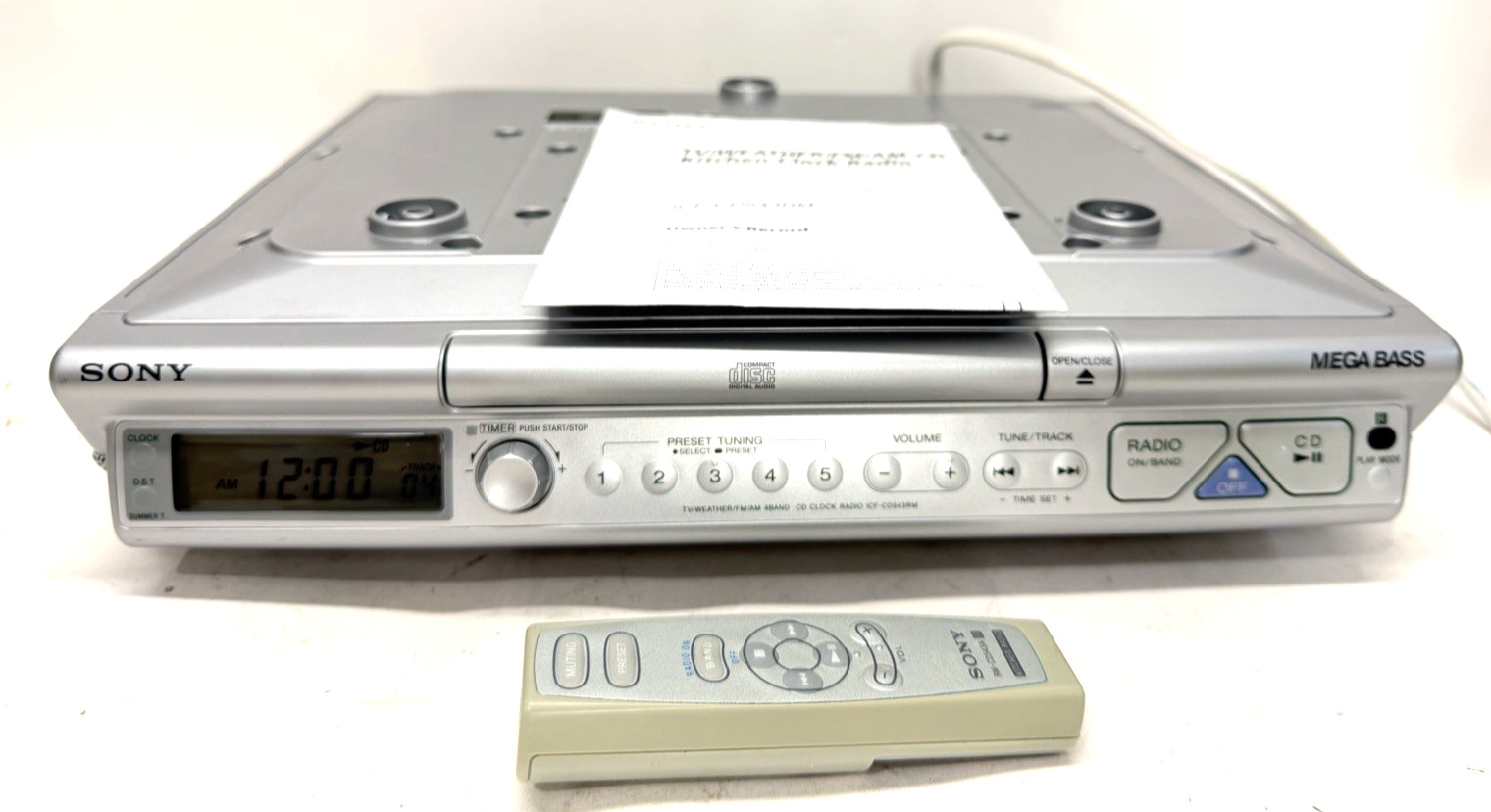 Sony Under Cabinet TV Weather 4 Band CD AM FM Radio Clock Mega Bass ICF-CD543RM