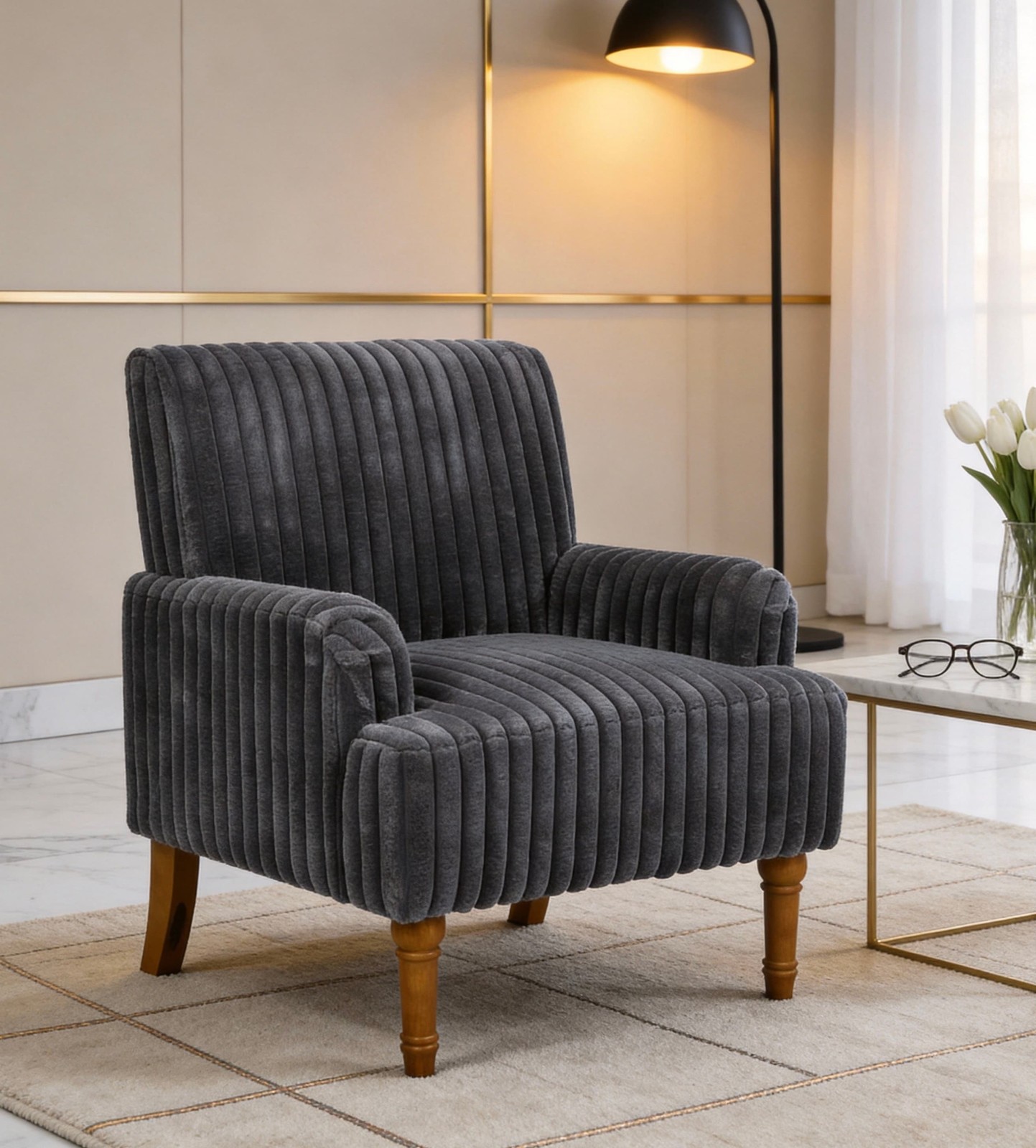 Dark Gray Wide Wale Corduroy Accent Chair Solid Wood Legs Living Room