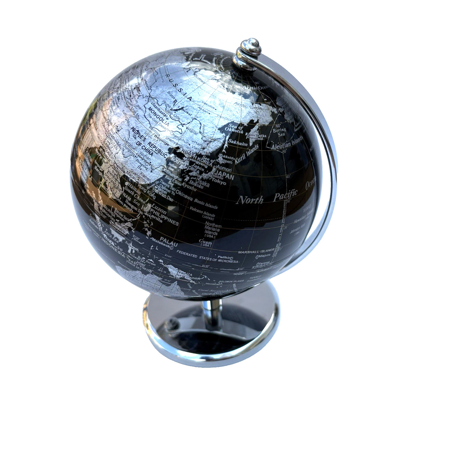 Desk World Globe Black and Silver 4.5" w/ Chrome Stand Home Office Decor Desktop