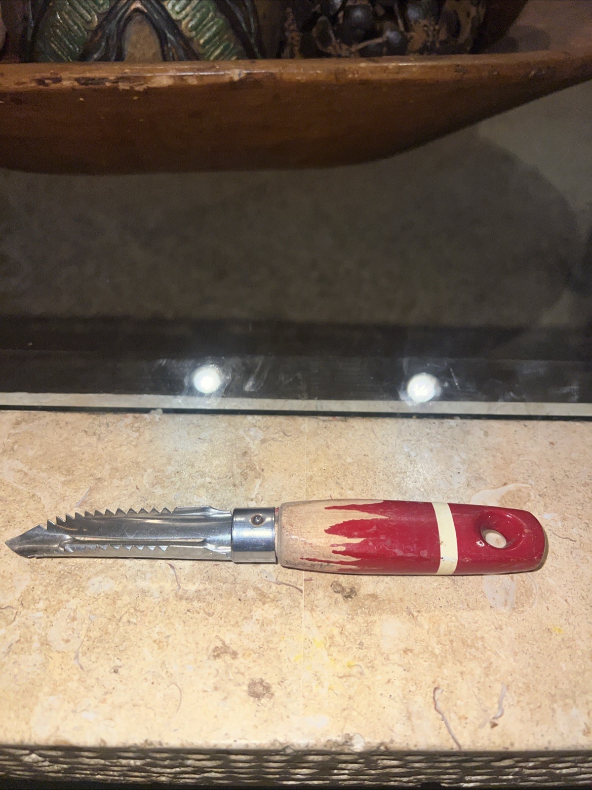 VTG Red Chippy Paint Wood Handle Potato Peeler Tool Primitive Farmhouse READ