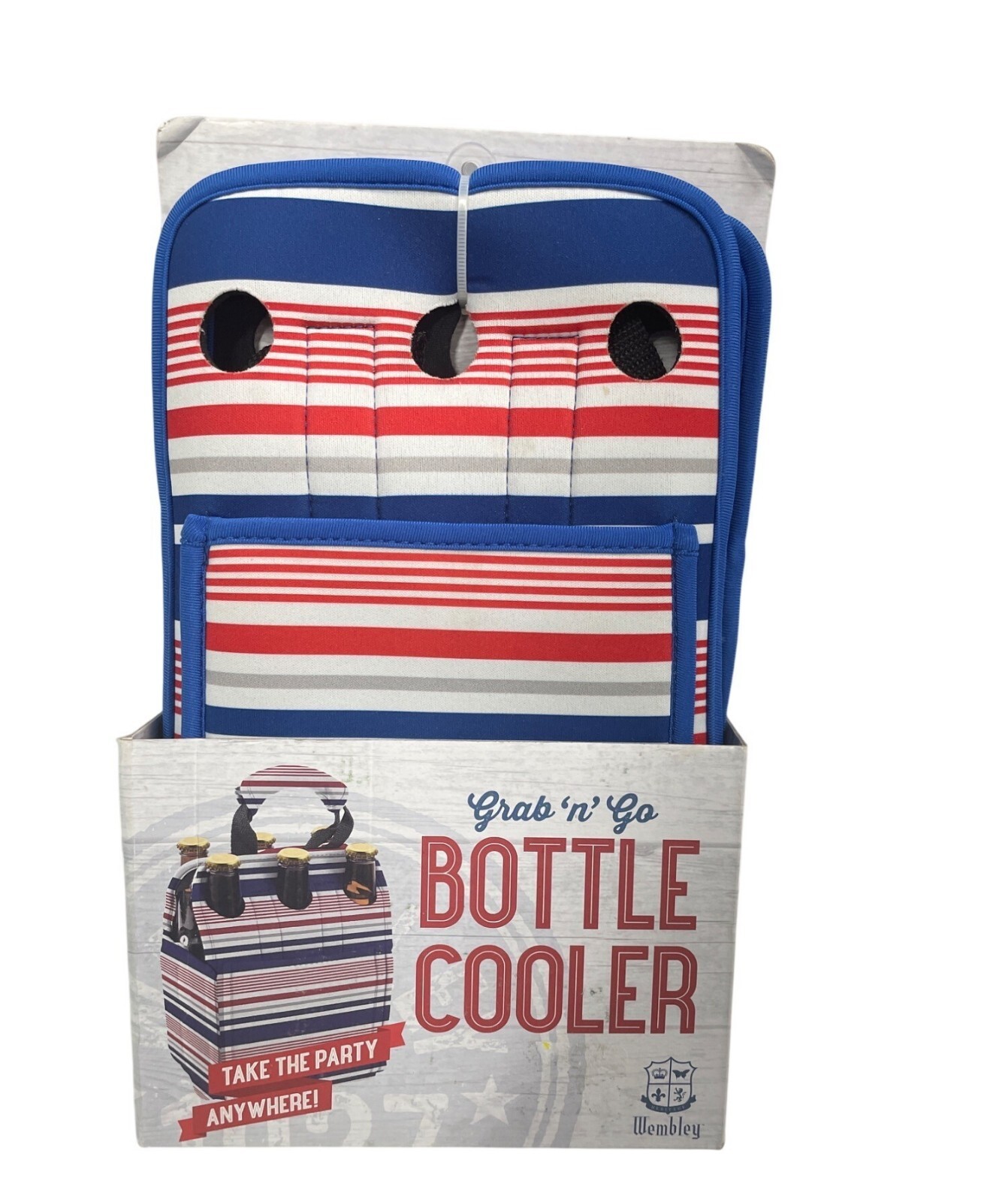 Grab N Go Bottle Cooler Handle 6 Bottles Striped Insulated Red/White/Blue