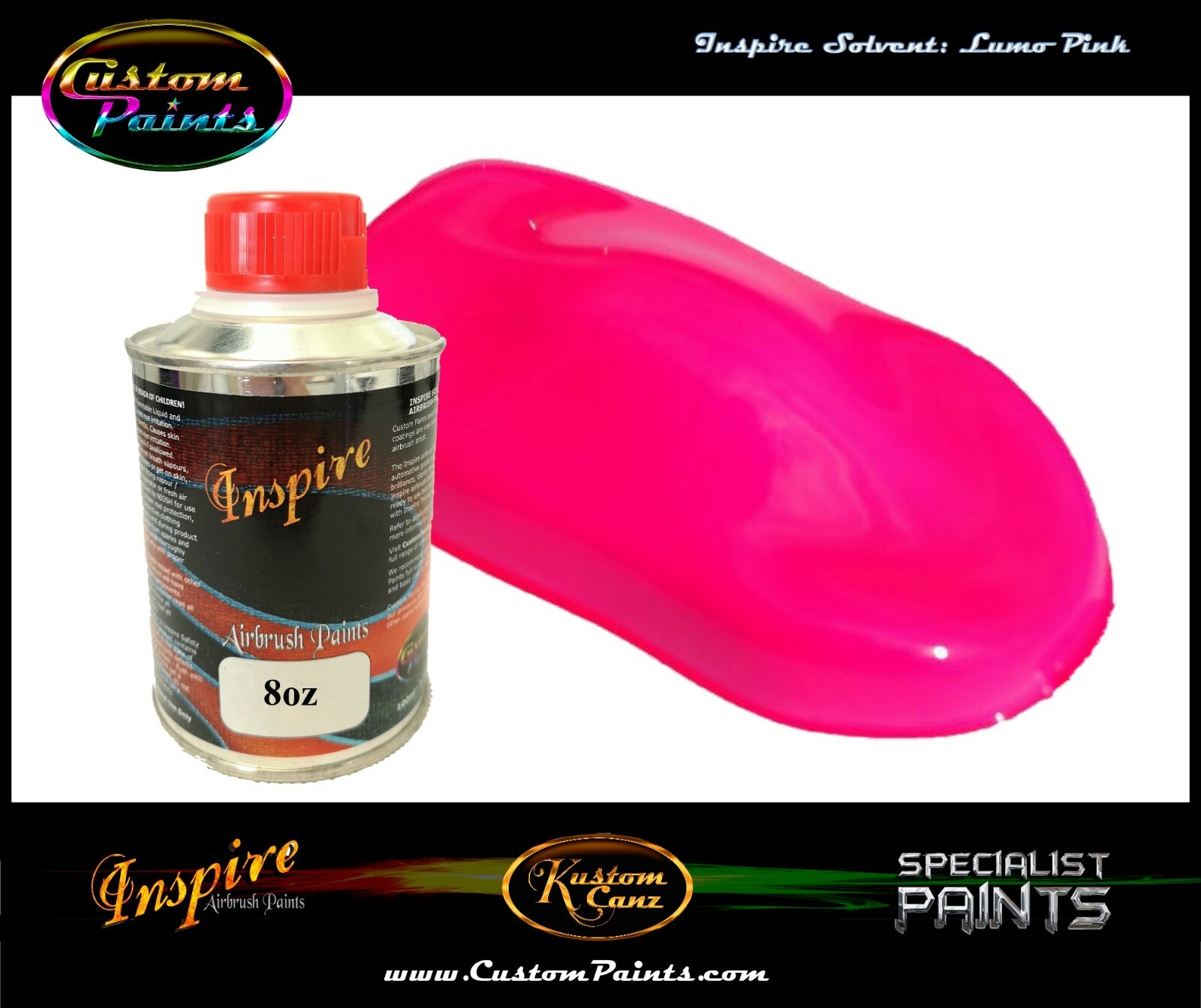 INSPIRE AIRBRUSH LUMO PINK 8oz (SOLVENT), CUSTOM PAINT, HOK, ARTIST, HOT ROD