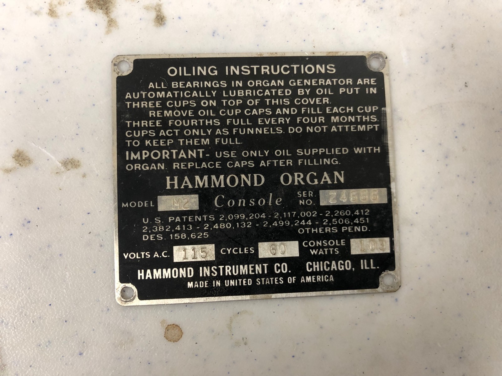 (1) Hammond Organ M2 Oiling Plate! MAKE OFFER!