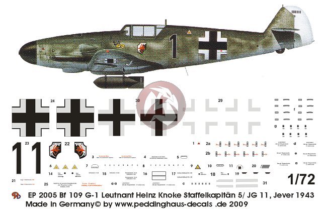 Peddinghaus 1/72 Bf 109 G-1 "Black 1" Markings Heinz Knoke 5./JG 11 Jever 2005