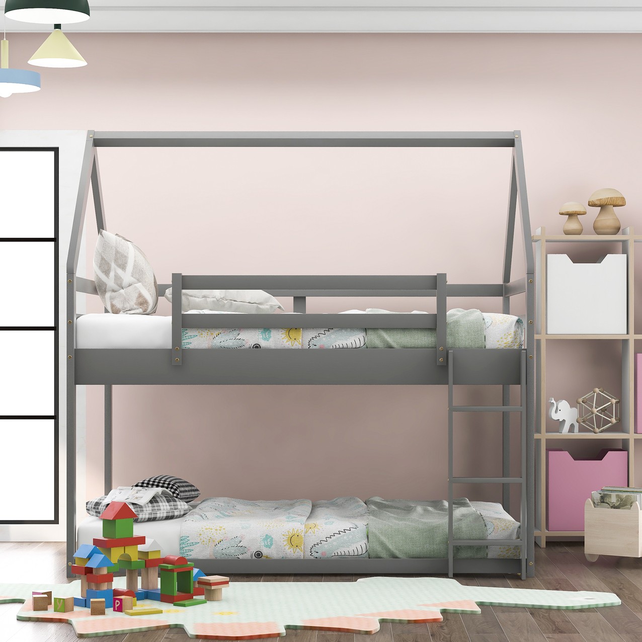 Twin over Twin Low Bunk Bed House Bed with Ladder Gray