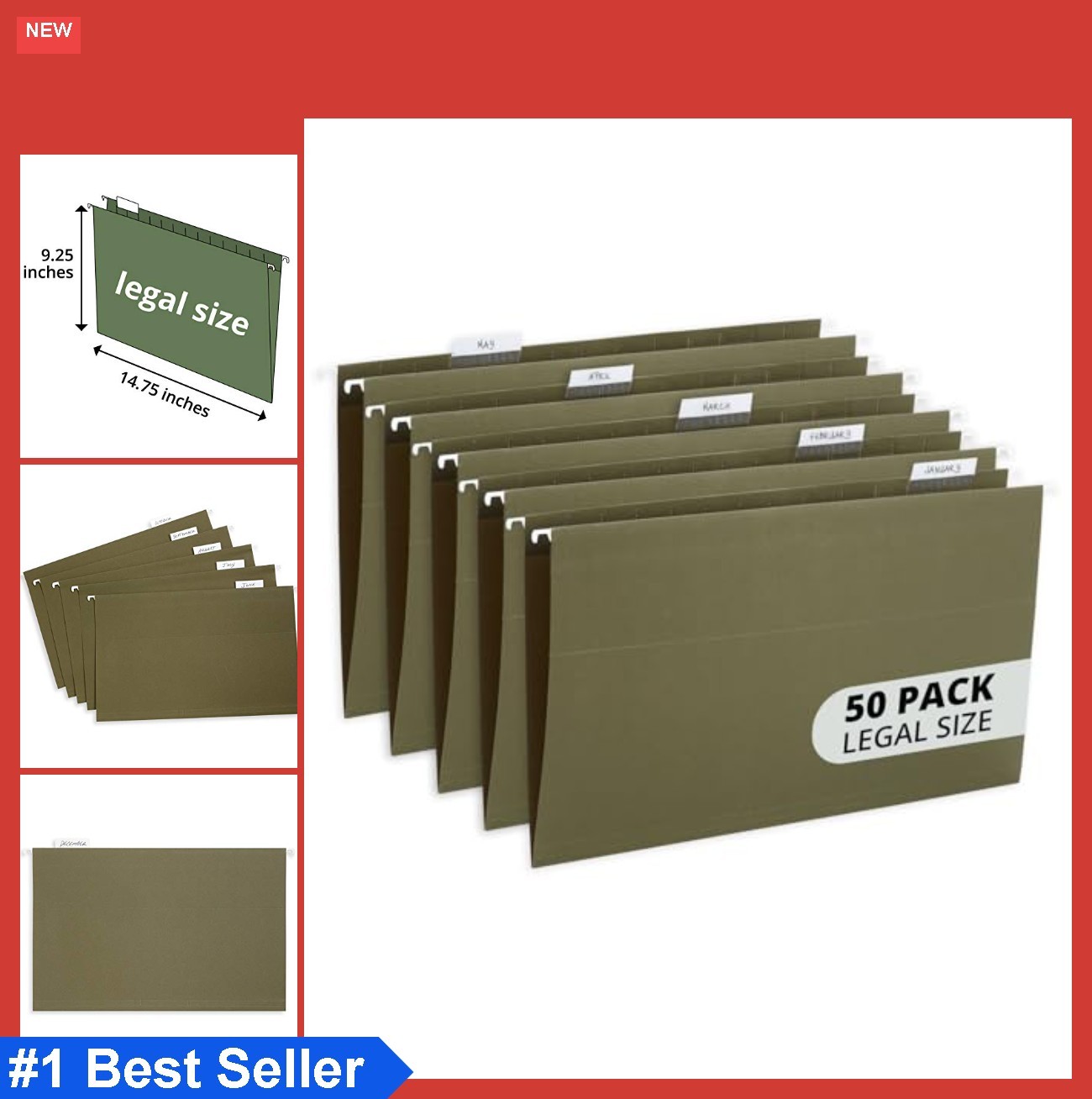 Hanging File Folders Legal Size 50 Pack Green 1/5 Cut Tabs Paper 100 Recycled
