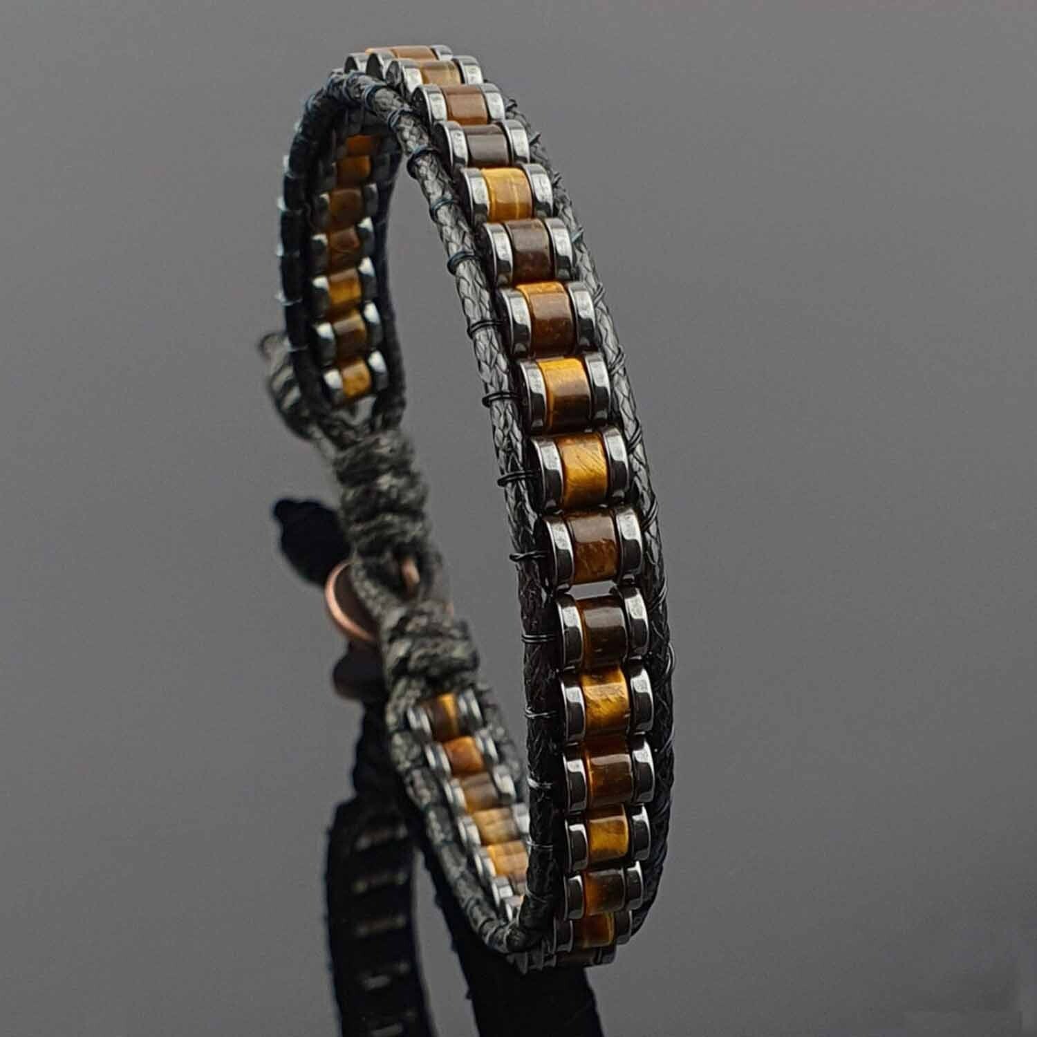 Men's Tiger Eye Hematite Beaded Armlet Bracelet Adjustable Masculine Bangle Gift