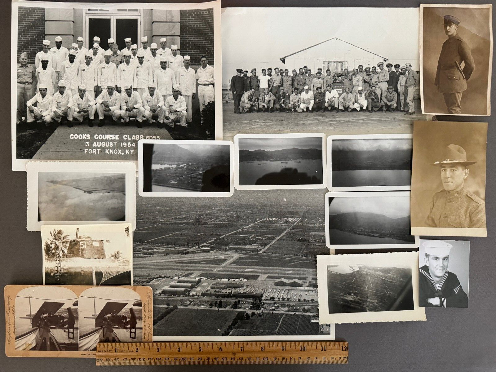 LOT OF 14 ANTIQUE VTG WWI & WWII B&W PHOTOGRAPHS SOLDIERS, SUBS, PLANE WING