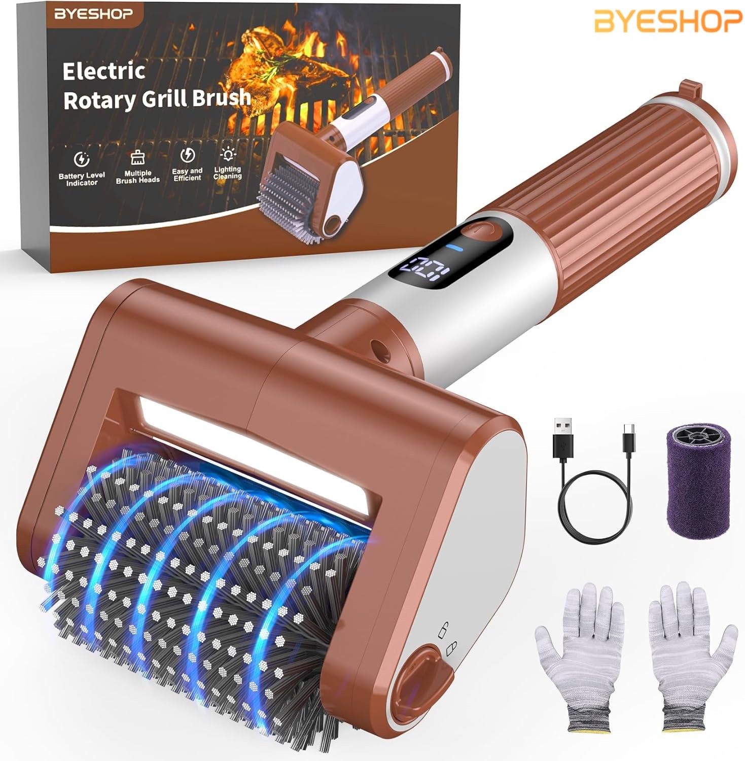 2-Speed Power Electric Grill Brush for Outdoor 2 Heads Waterproof With LED Light
