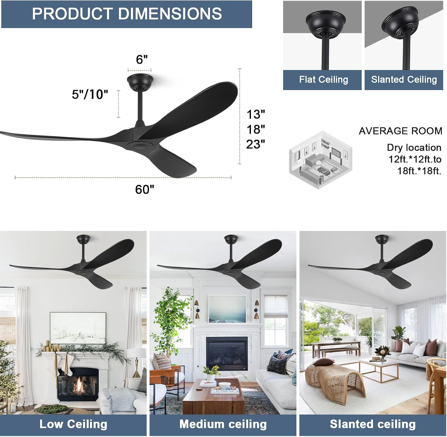 Ceiling Fans without Lights - 60 Inch Ceiling Fan No Light, Black 3 Solid Wood