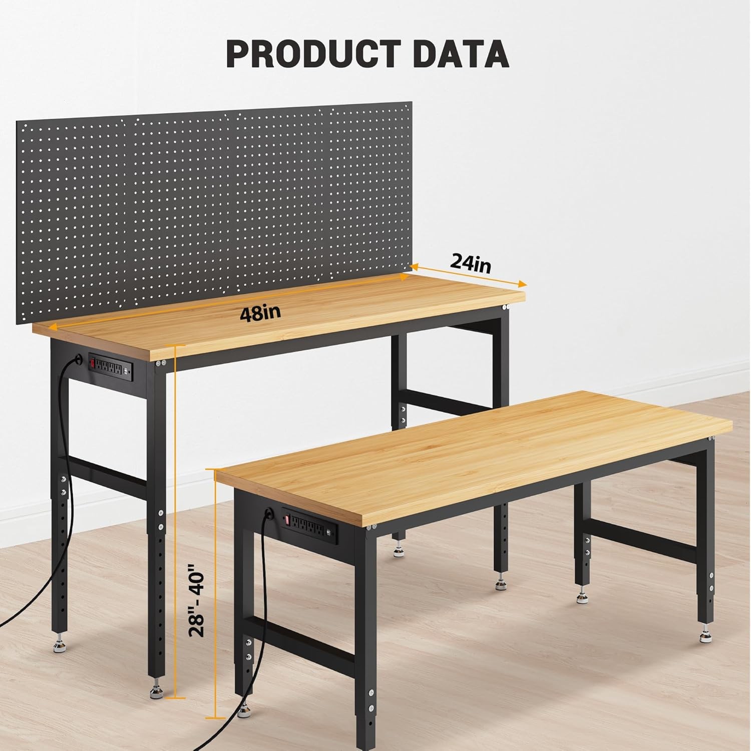 60 Inch Mobile Workbench with Power Outlets, Storage Shelves & Pegboard