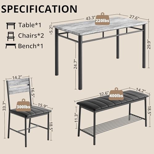 Dining Table Set for 4, Kitchen Table with Upholstered Bench and 2 Grey