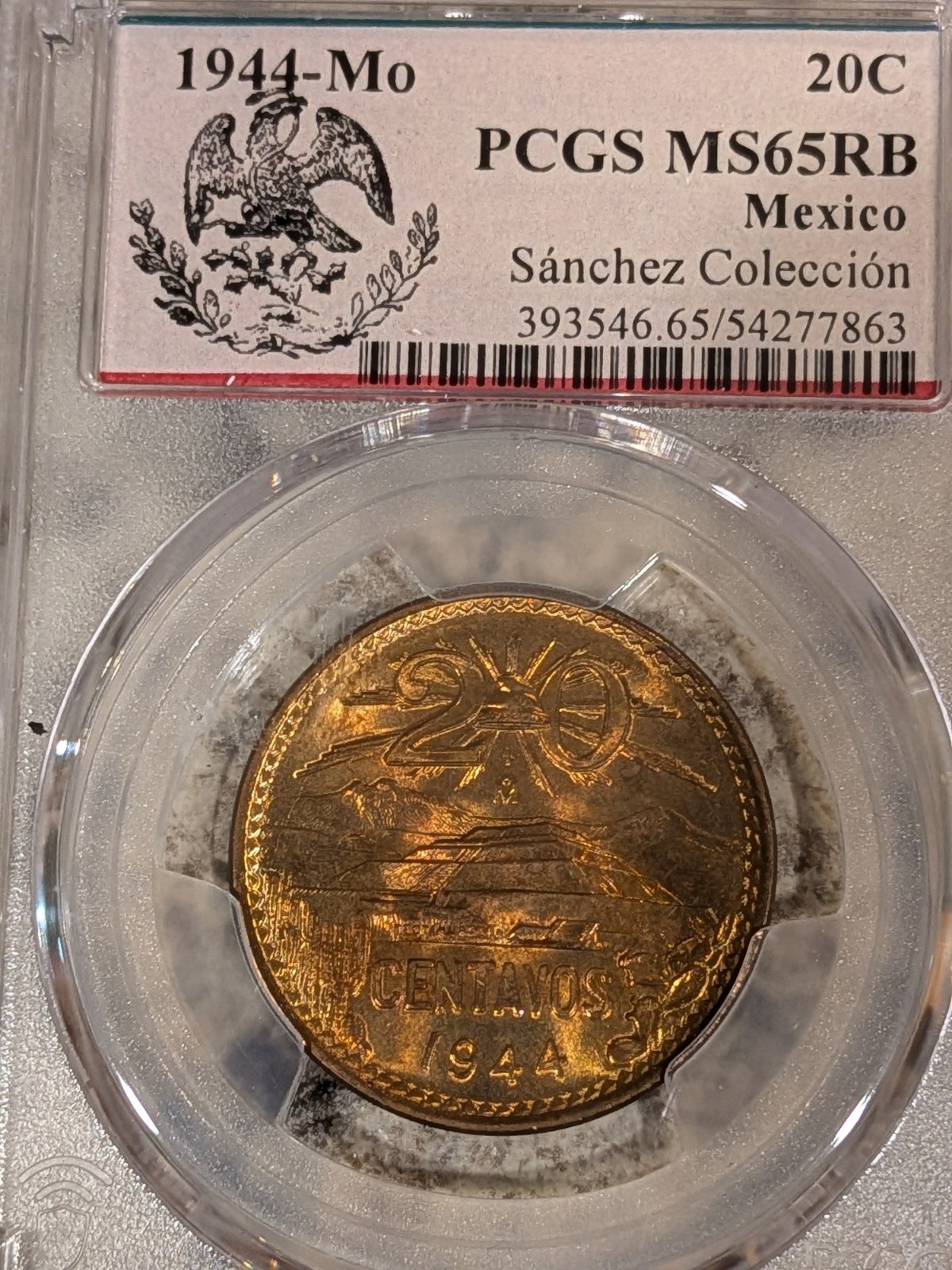 1944  MEXICO 20 CENTAVOS COPPER MS-65 RB