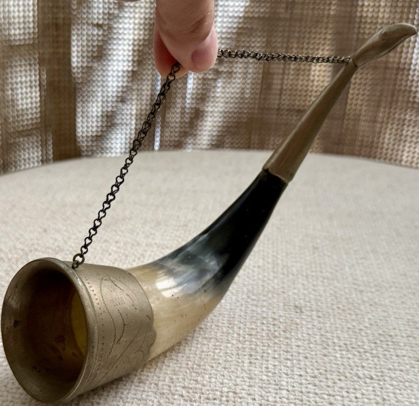 Vintage Powder Horn with Metal Tip & Chain – Medieval Viking Style 9 inch