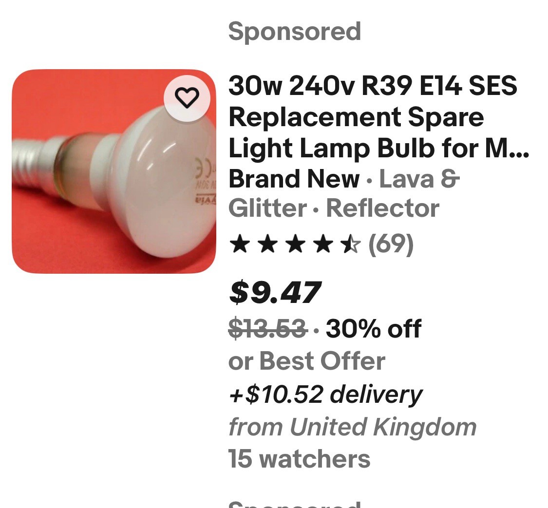 40W SES E14 R39 240V Reflector Bulb For Mathmos Lava Lamp