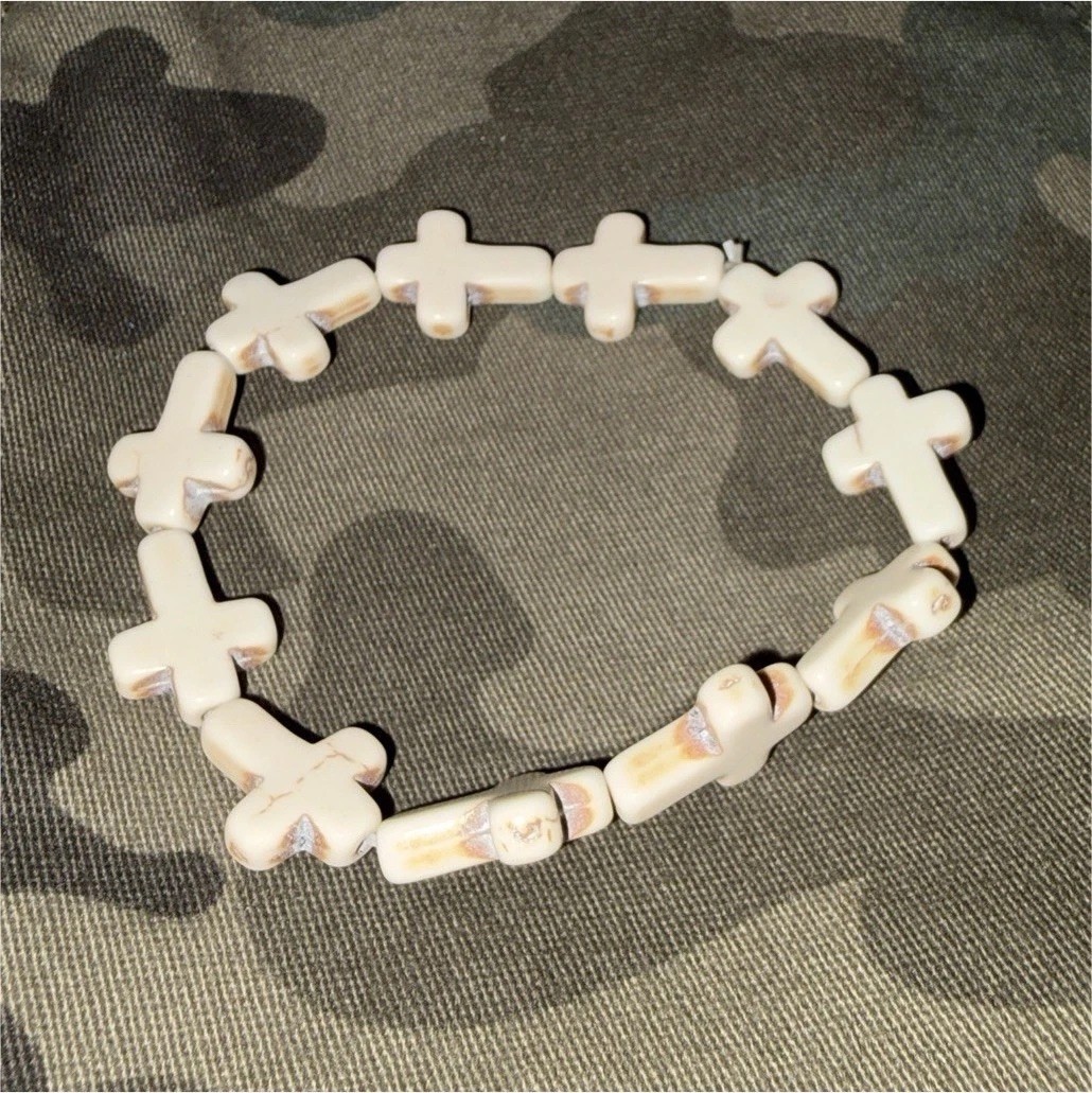 White Beaded Stone Bracelet Adjustable Tie Closure Cross Shape Religious Theme