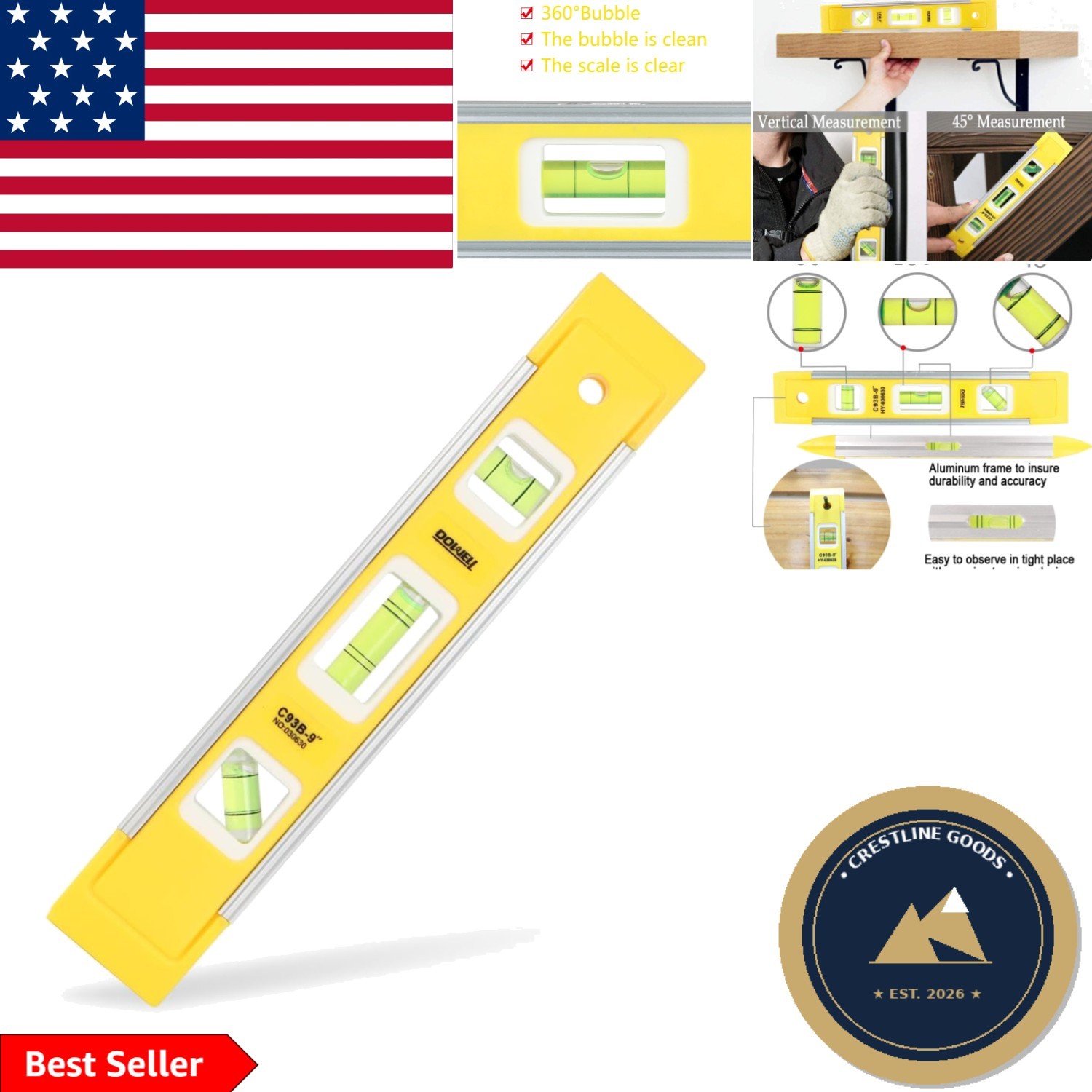 9-Inch Magnetic Torpedo Level with 3 Bubble Levels for Accurate Measuring