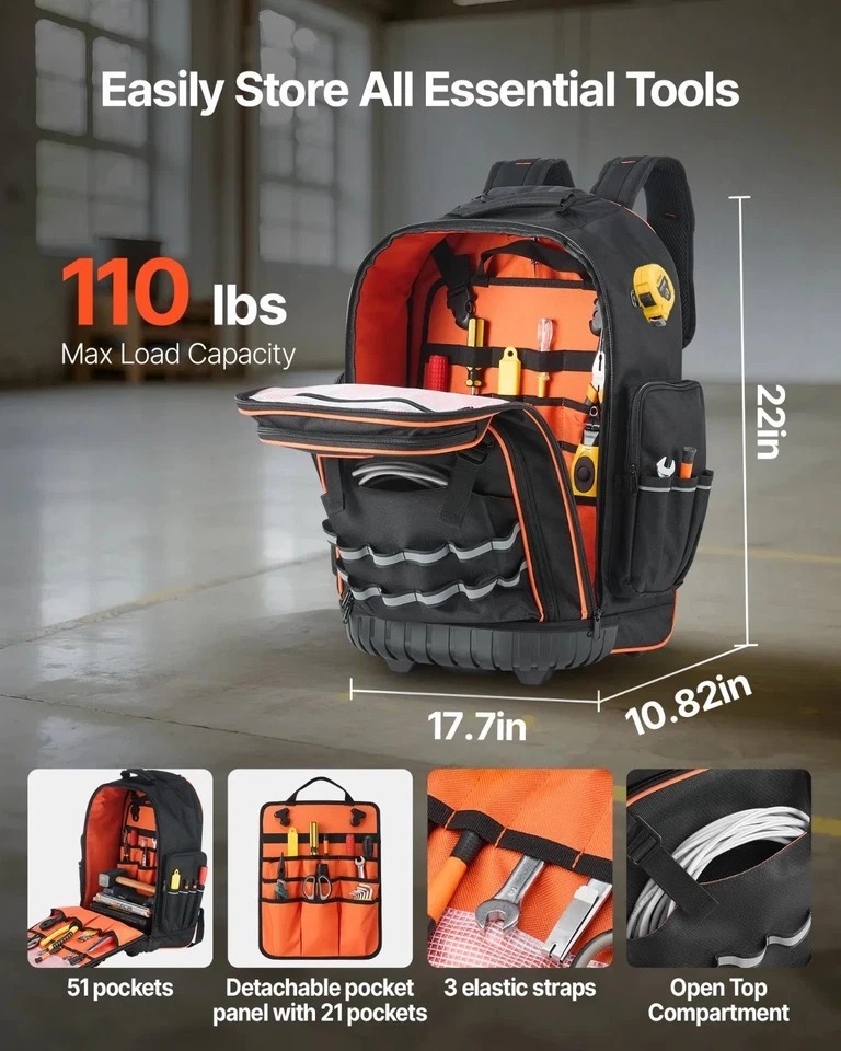 Rolling Tool Backpack, 110 lbs Load Capacity, 72 Pockets Heavy Duty Roller Tool