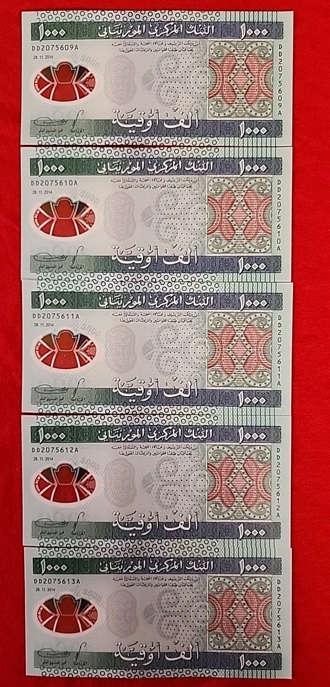 5 Consecutive Paper Money From Mauritania 1,000 Ouguiya 2014  Polymer Free Shipp
