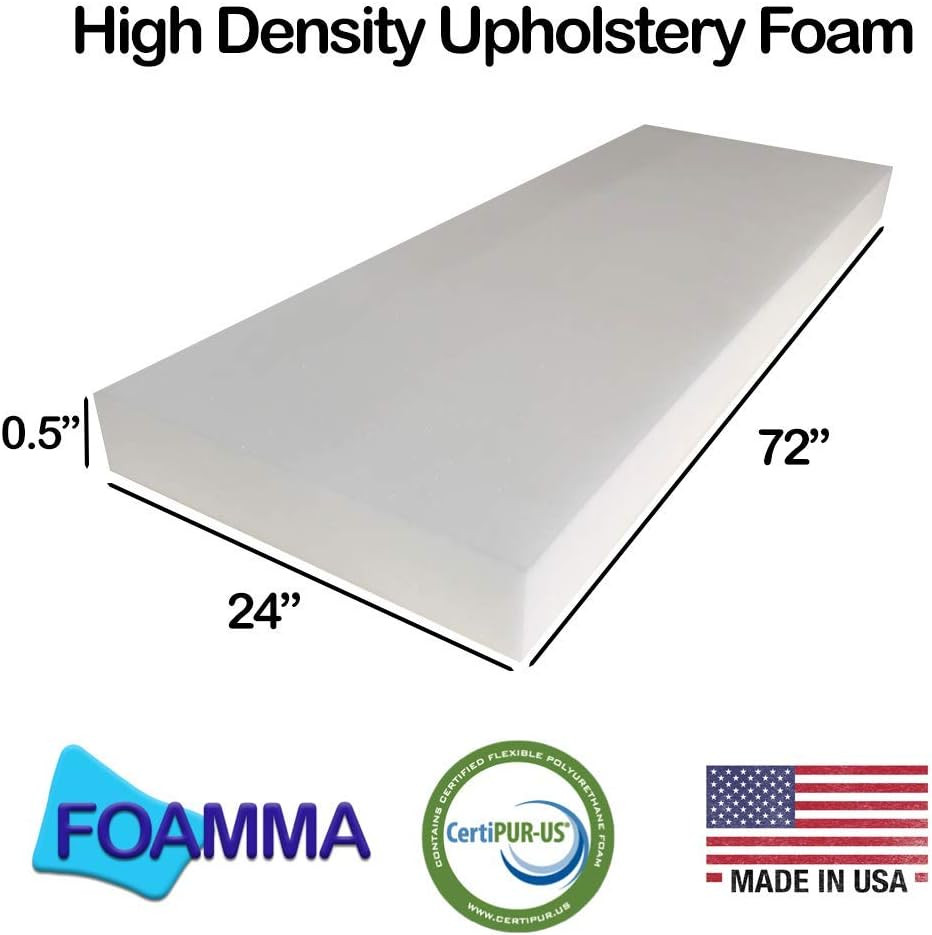 Foamma 0.5" X 24" X 72" High Density Upholstery Foam, Replacement Couch Cushion,