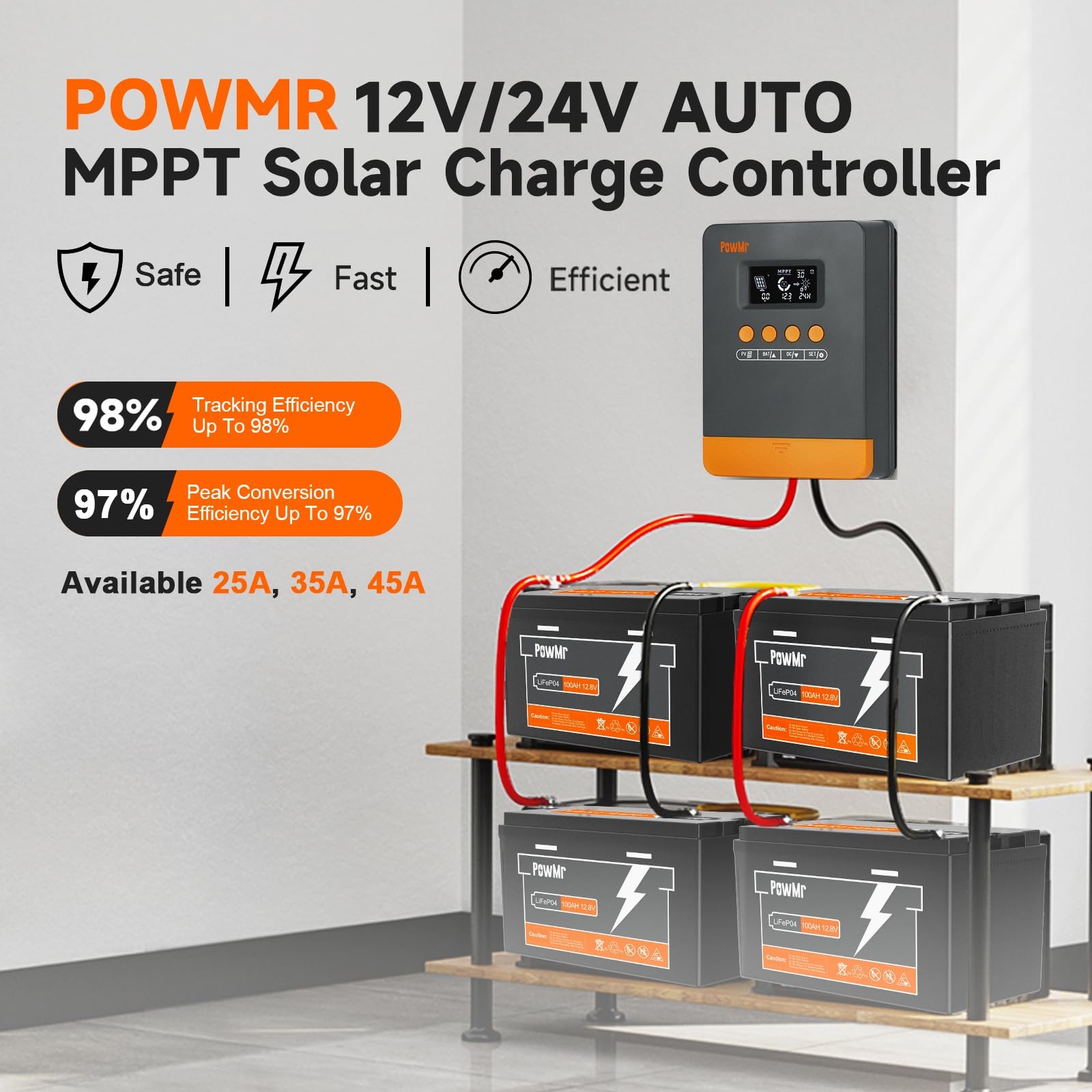 PowMr MPPT Solar Charge Controller 25A 12V/24V Auto, 25Amp Solar Controller MPPT