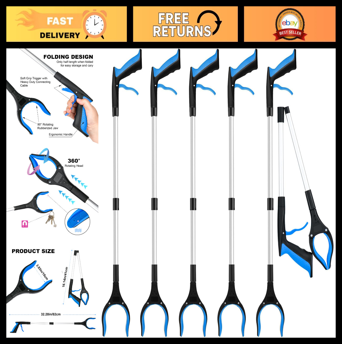 6-Pack 32" Grabber Reacher Tool, 360° Rotating Head, Foldable Pickup Tool for Se