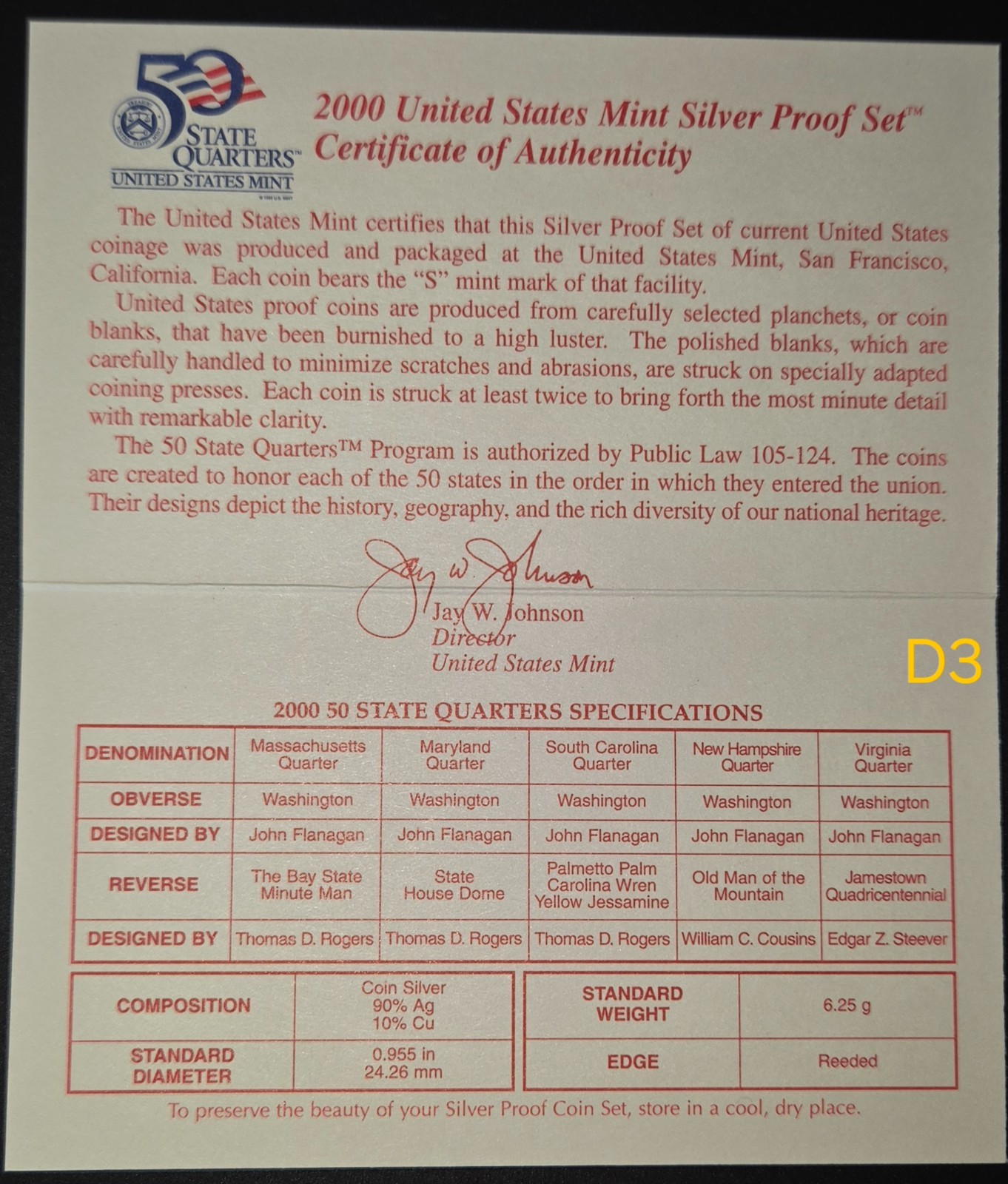 2000 (S) US Mint Silver Proof Set with 5 State Quarters COA *Free Shipping*