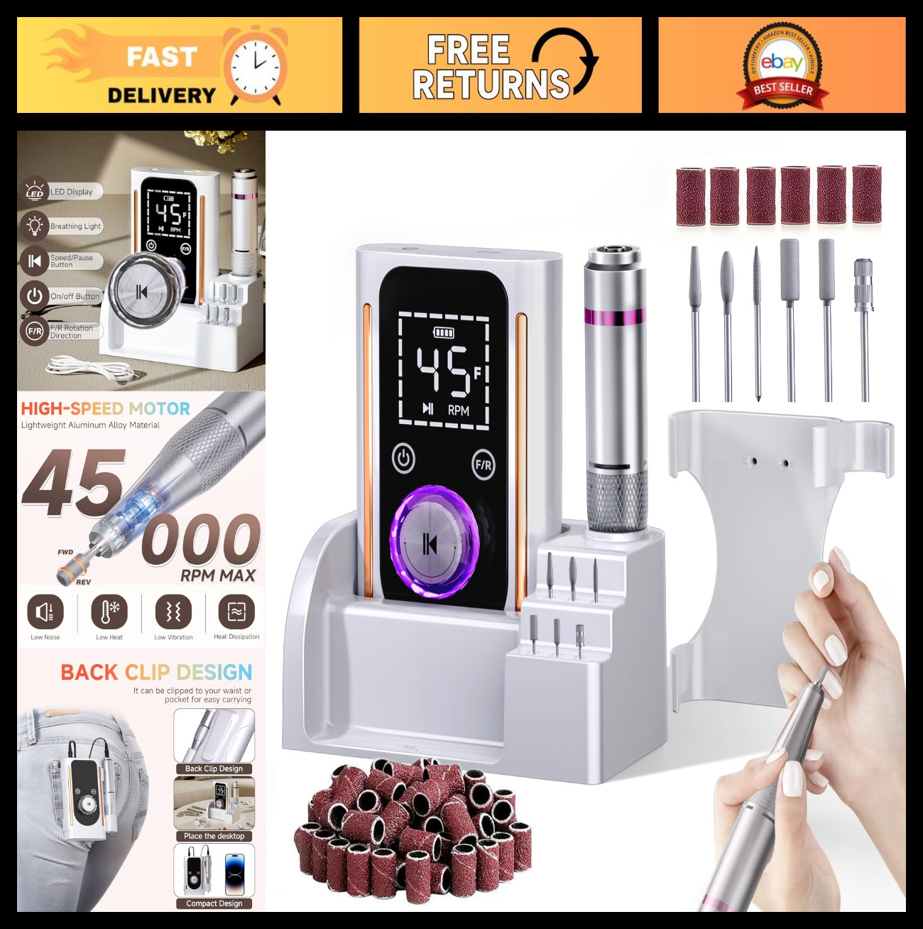 Portable Electric Nail Drill 45000RPM, Rechargeable E-File Machine for Acrylic G