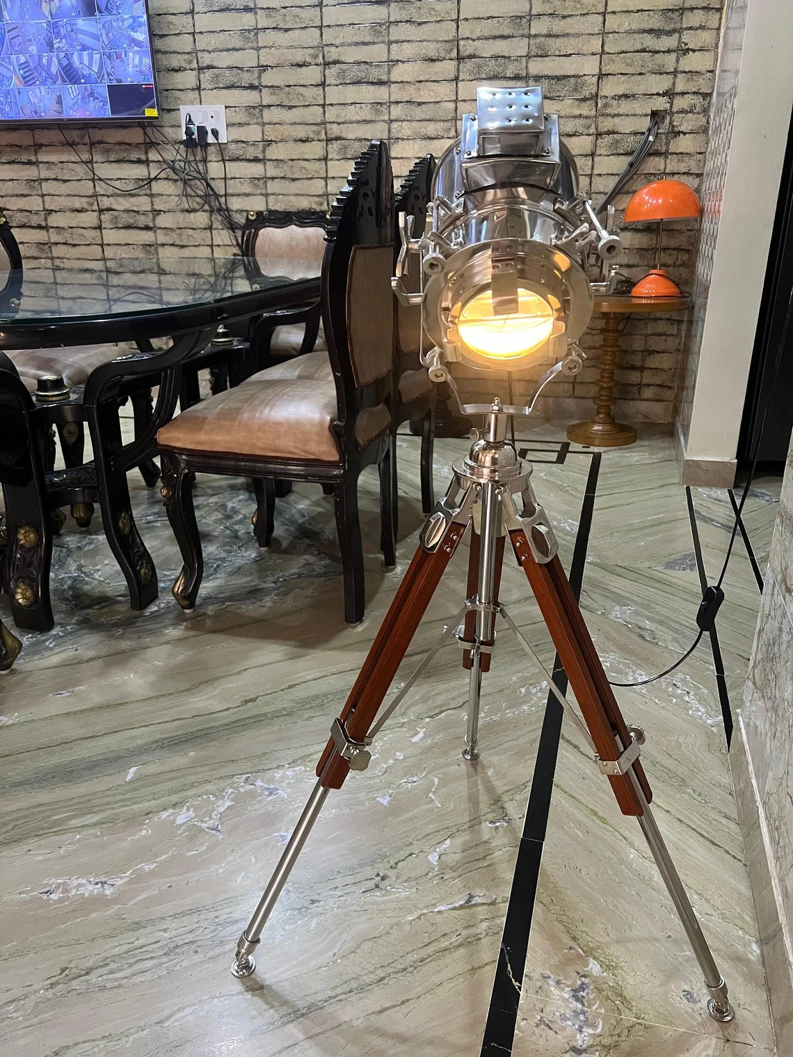 Nautical Spotlight Handmade Industrial Steel Wooden Tripod Floor Lamp: