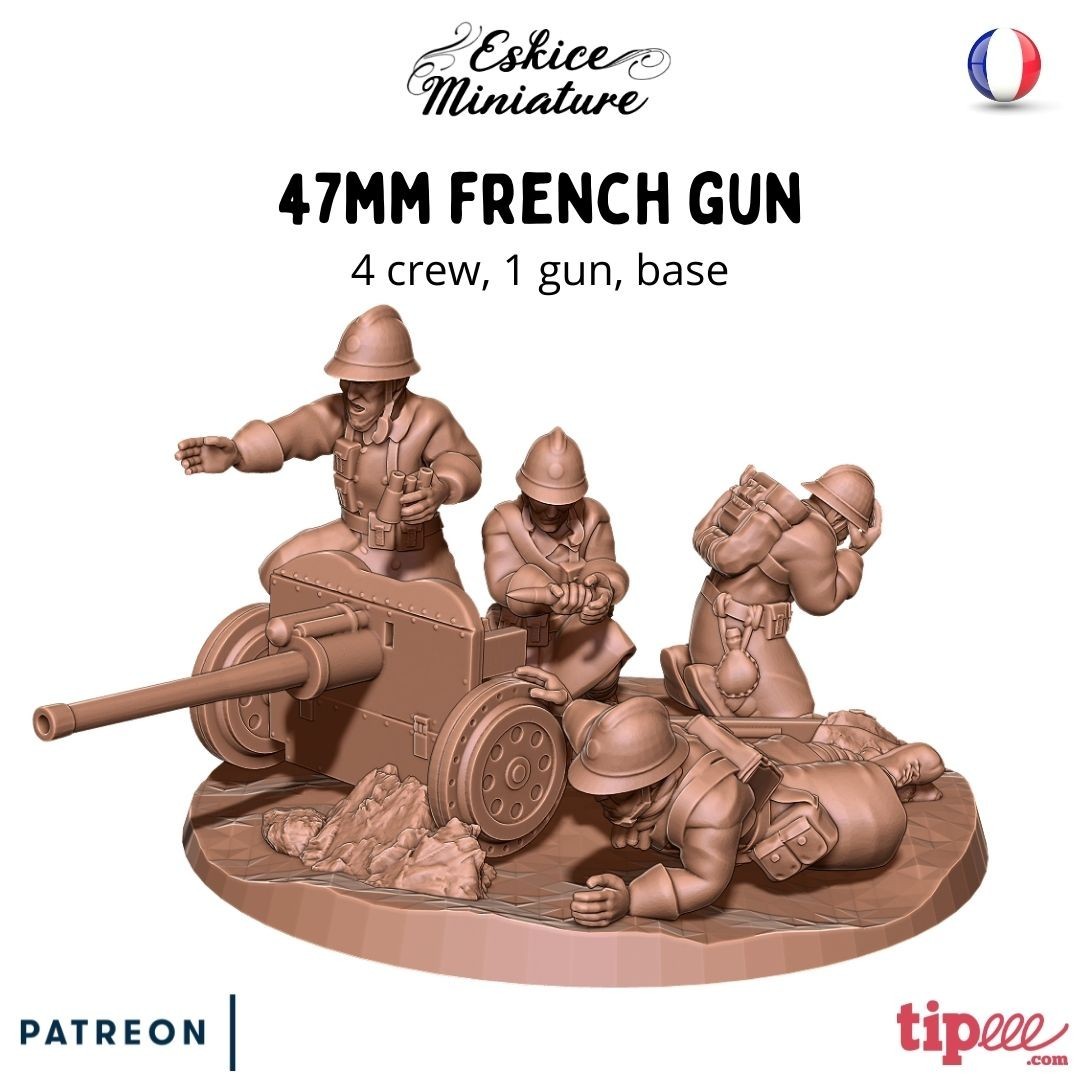 Eskice Miniature WW2 Early War French 47mm Anti-Tank Gun Bolt Action NO BASE 3D