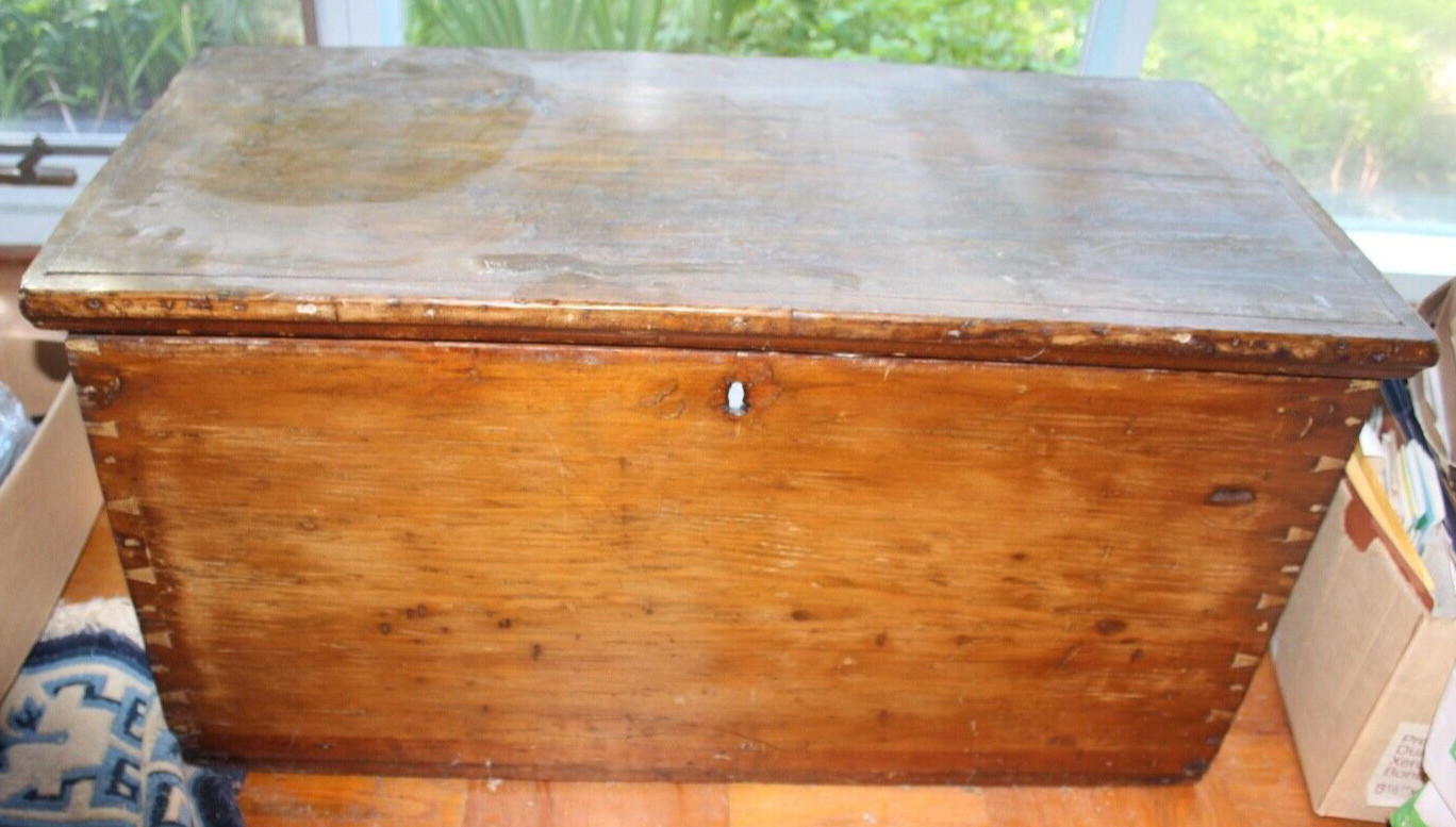 Early Dovetailed Pine Blanket Chest, antique, dark wood, 18"Hx37"Wx20"D