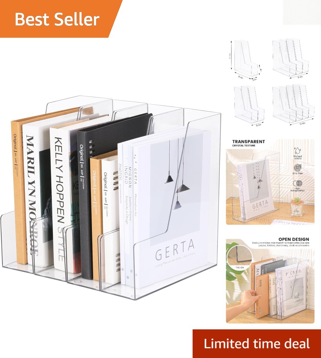 Clear PET Vertical File Holder - 4 Pack Desk Organizer for Magazines & Binders