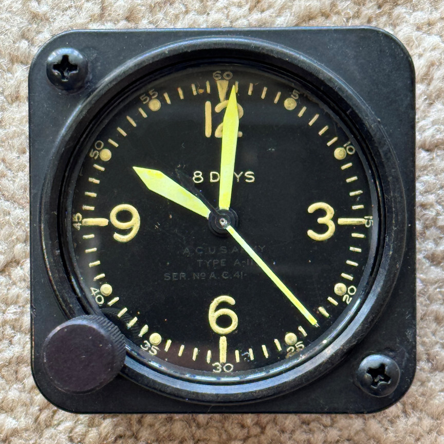 Elgin Grade 562 A-11 2 1/4" 8J Aircraft Clock Yellow Numbers Hands Long Knob