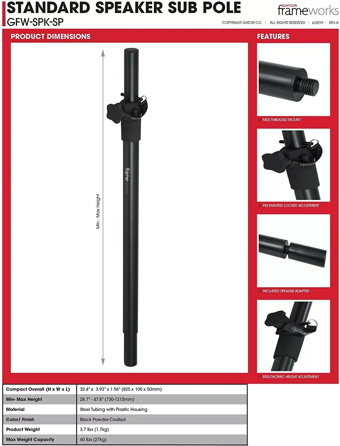 Gator Frameworks GFW-SPK-SP Standard Sub Pole with 20mm Adapter Included