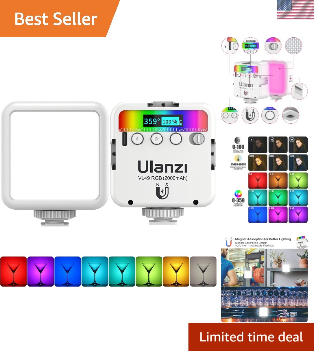 VL49 Watts RGB Video Lights - Rechargeable & Adjustable for Pro Shooting