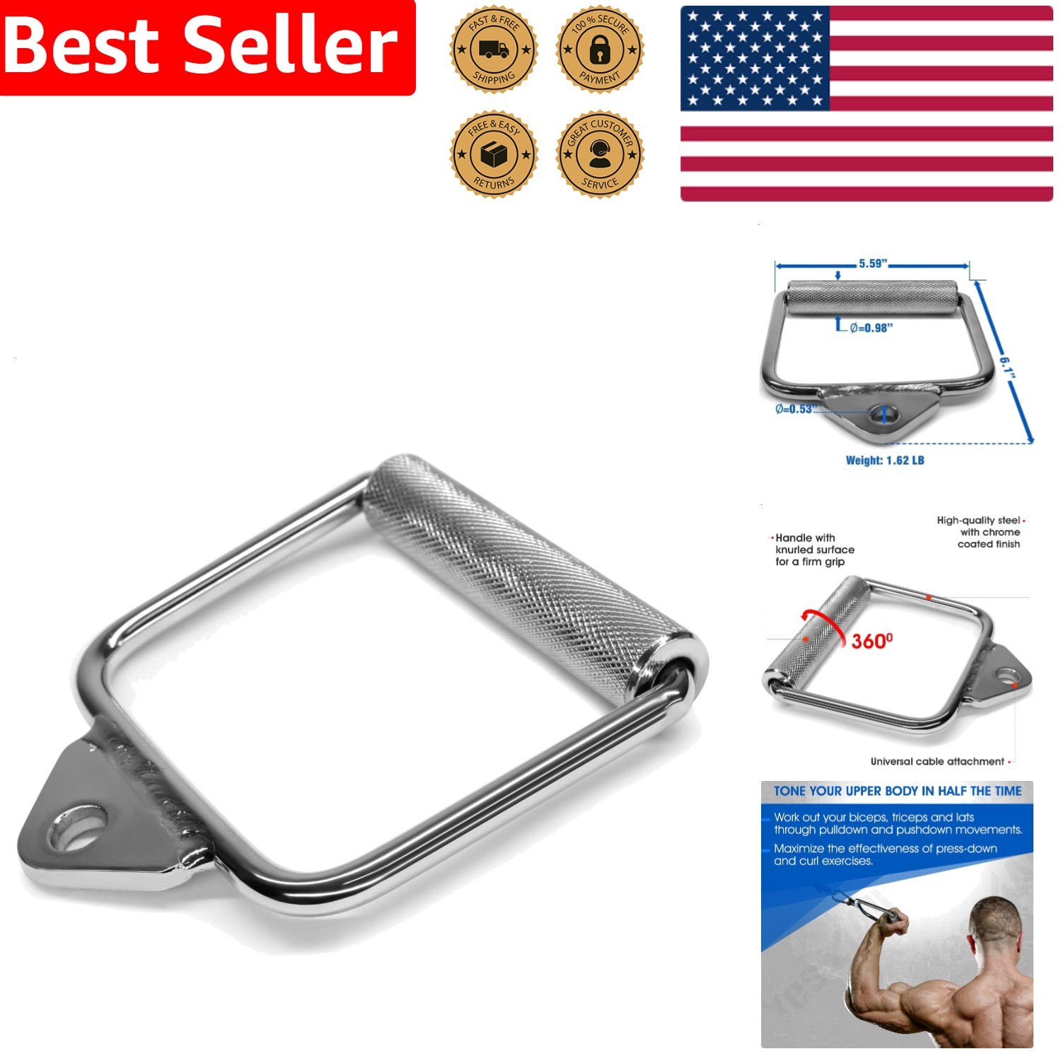 Single D Handle Cable Attachment Gym Strength Training Heavy Duty Chrome Anti...