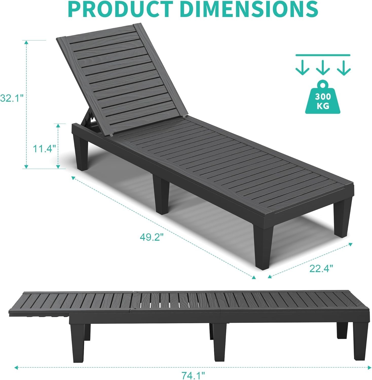 Set of 4 Outdoor Adjustable Chaise Lounge Chairs Wood Texture All-Weather Res...