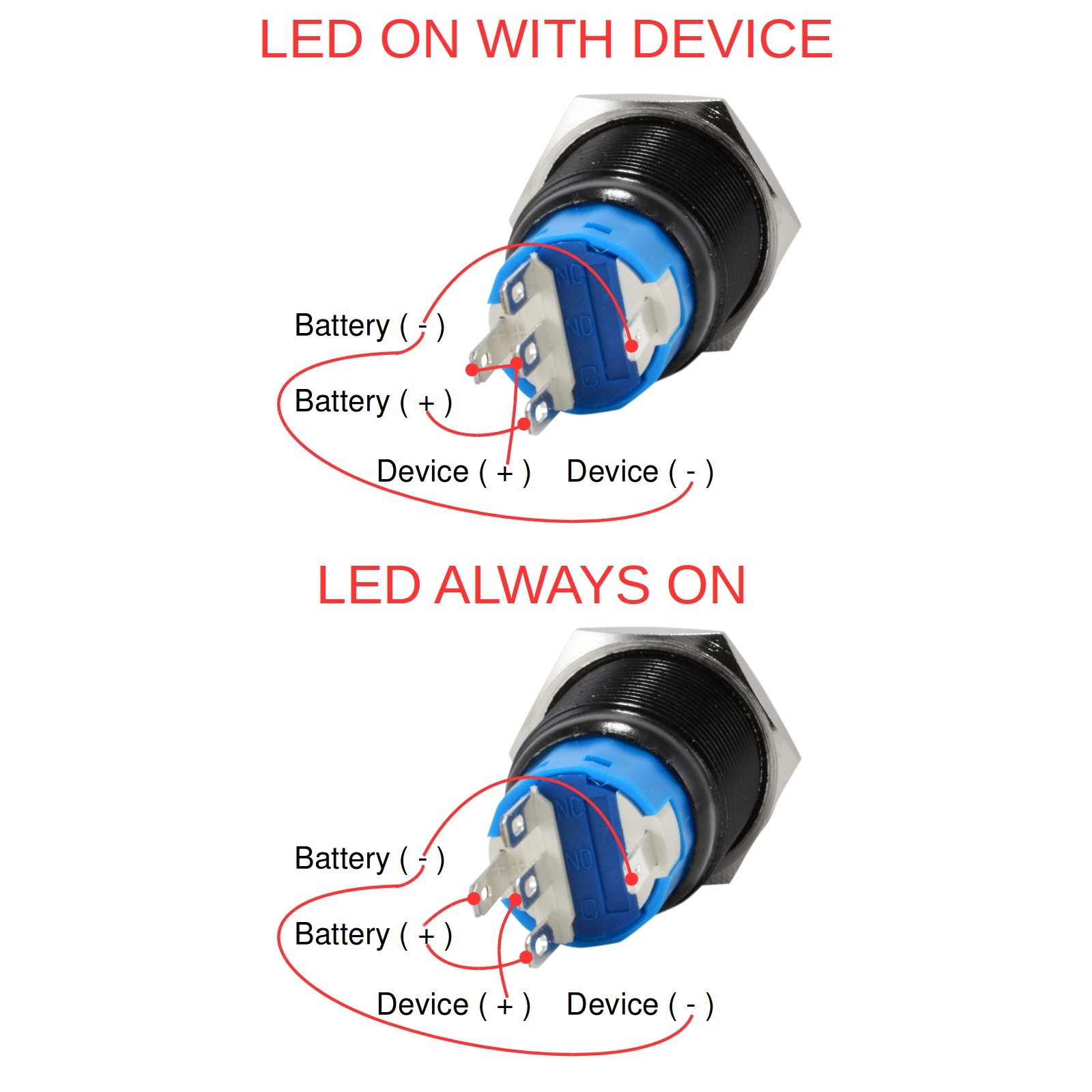 19mm 12V Latching Push Button Power Switch Black Metal Blue LED Waterproof