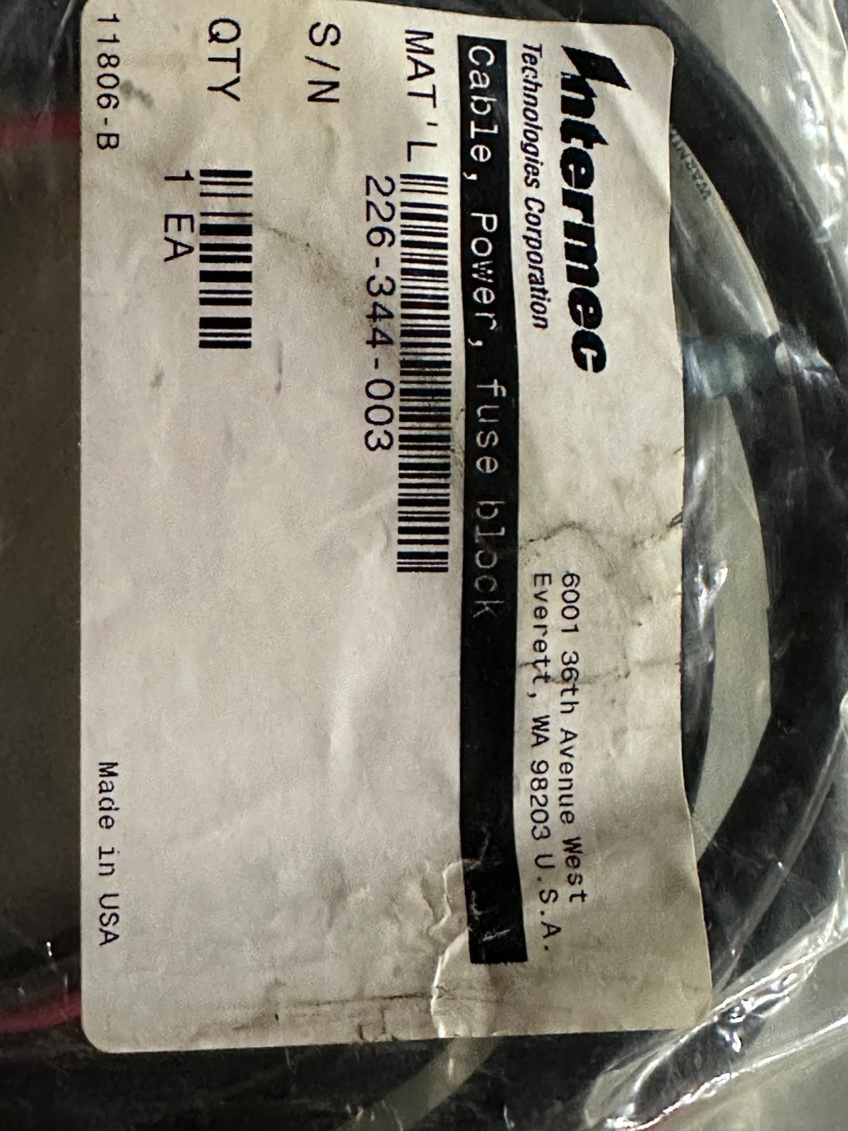 Intermec Cable, Power, Fuse Block 226-344-003