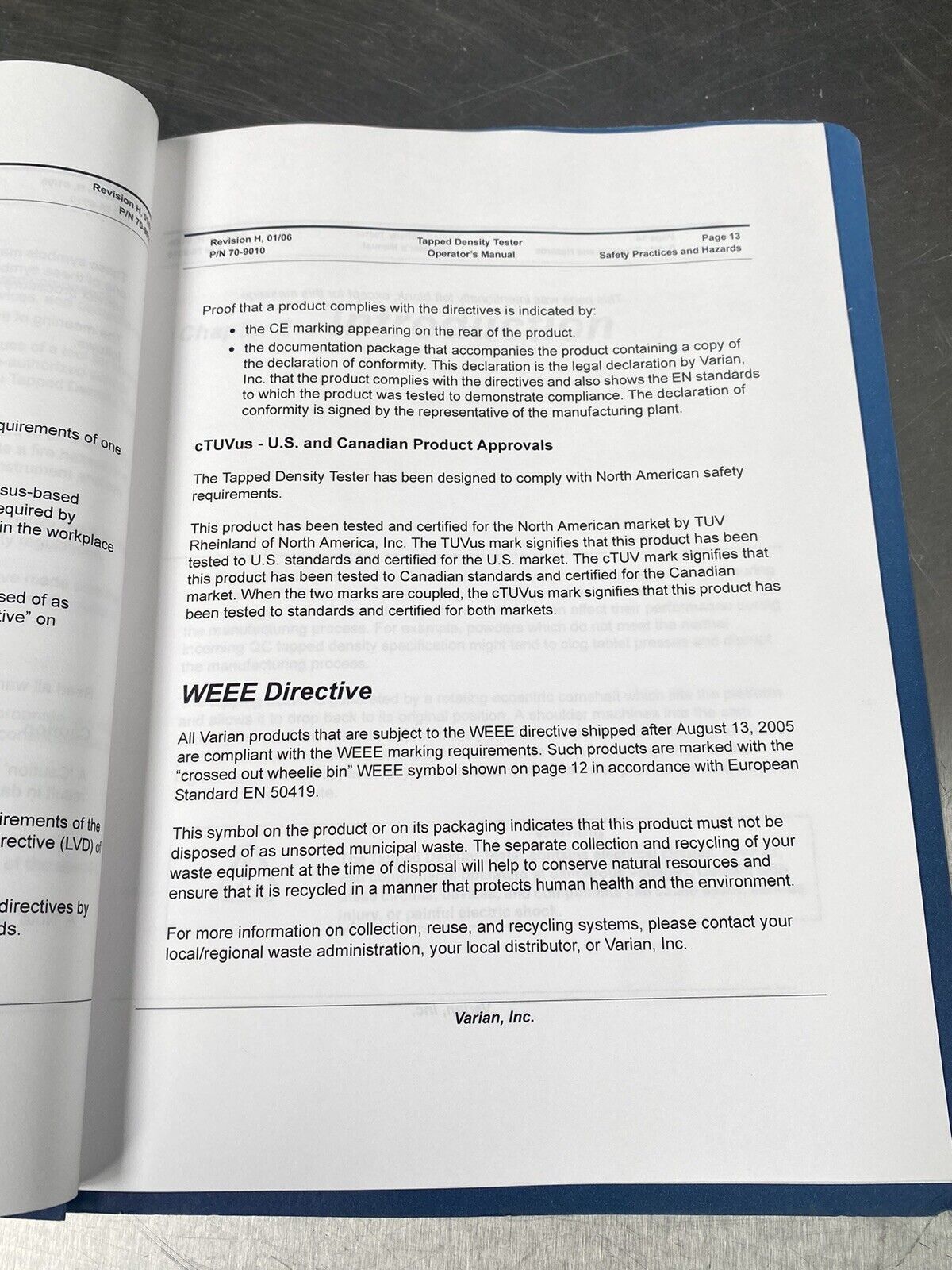 Varian Tapped Density Tester 2006 - Users Manual / Instructions Book